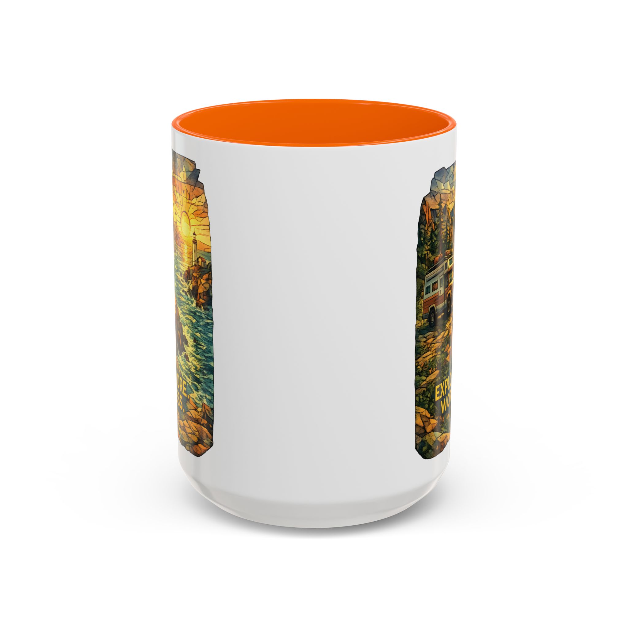 Accent Coffee Mug (11, 15oz) — "Explore More Worry Less" Design Cubic-Line