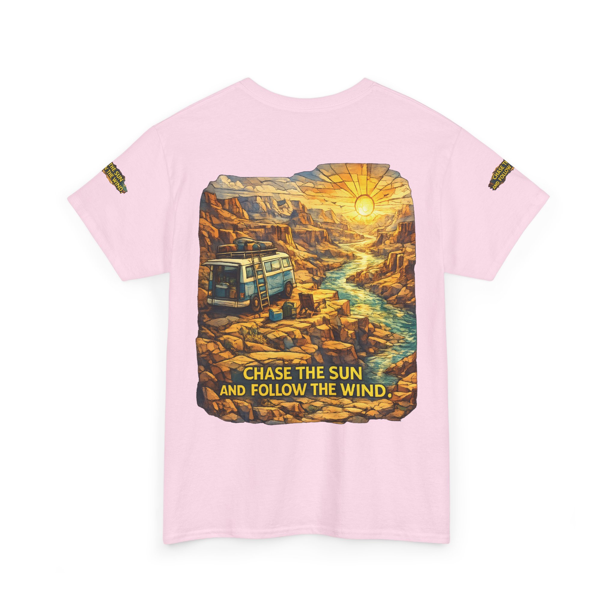 16373820427650145554_2048.jpeg Unisex Heavy Cotton Tee — "Chase The Sun And Follow The Wind" Design Cubic-Line