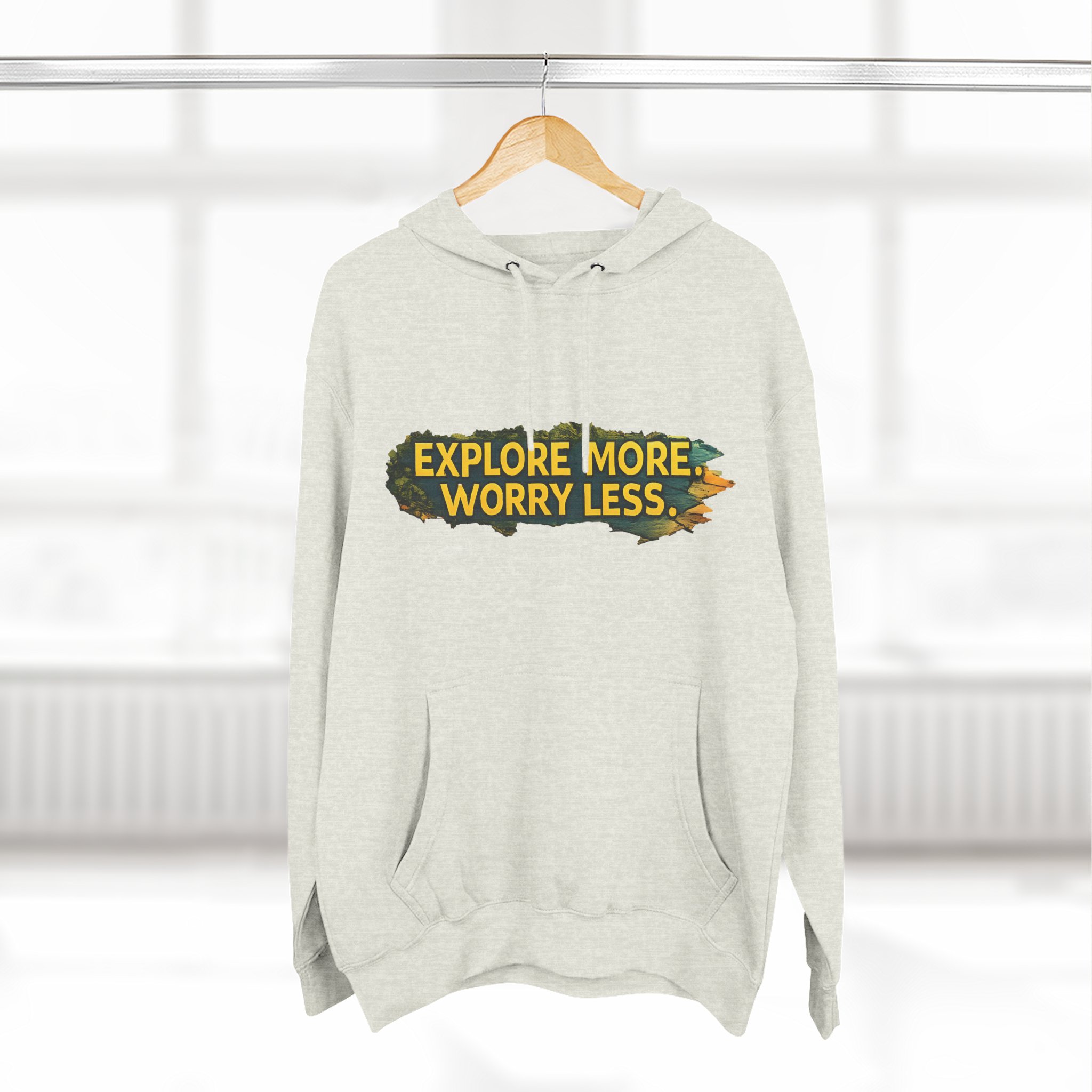 16383522638593237742_2048.jpeg Three-Panel Fleece Hoodie - "Explore More Worry Less" Design Cubic-Line