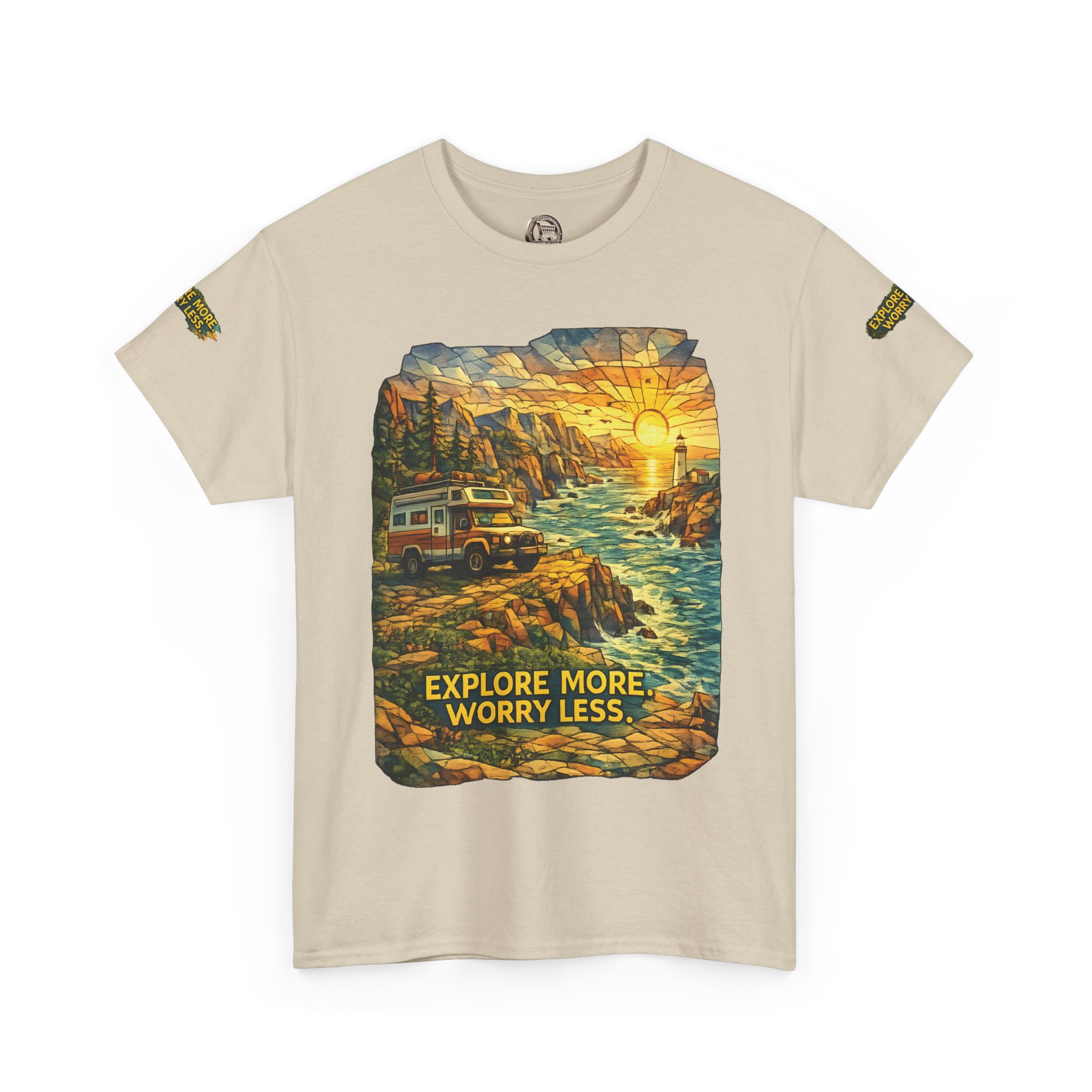 Unisex Heavy Cotton Tee — "Explore More Worry Less" Design Cubic-Line