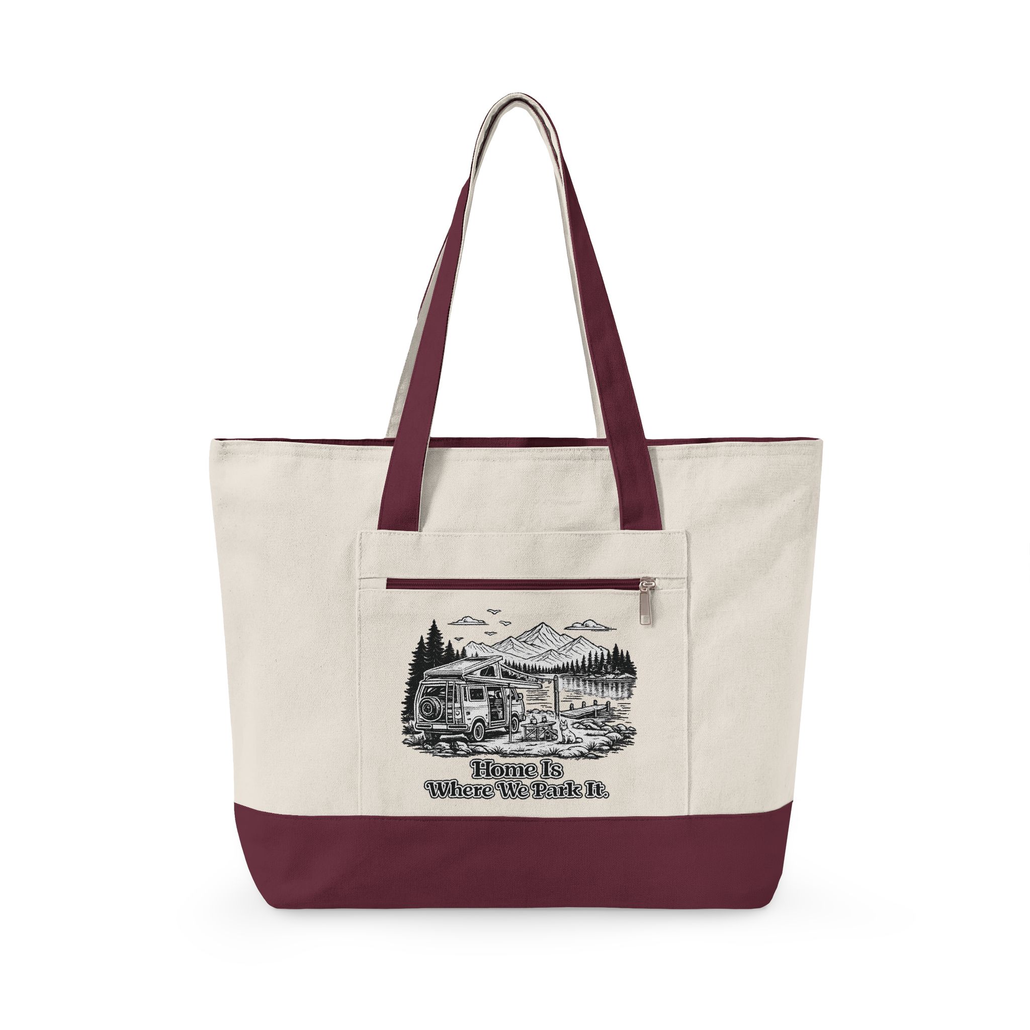 Zippered Canvas Tote — "Home Is Where You Park It" (Design Minimal-Line)