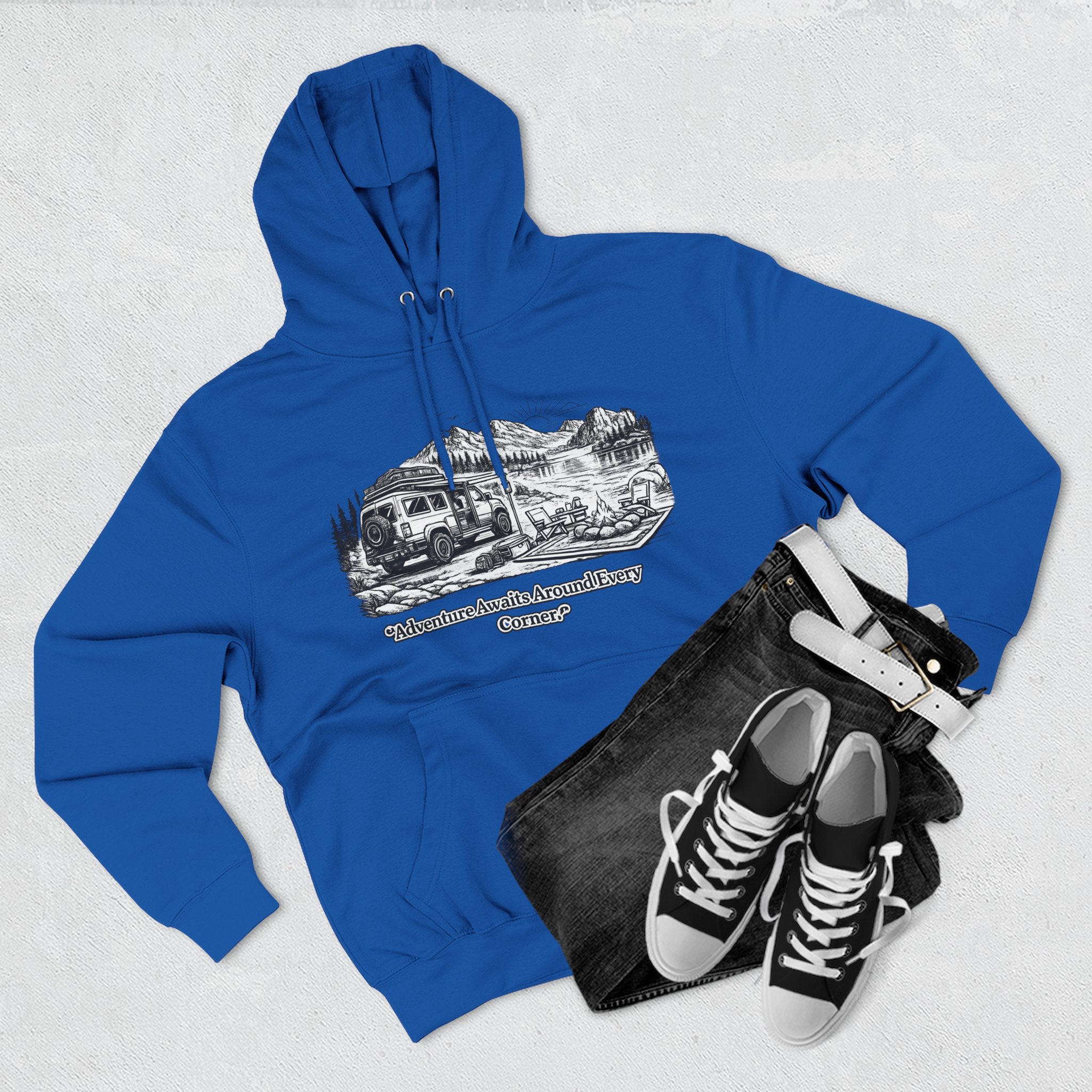 16409546040025823519_2048.jpeg Three-Panel Fleece Hoodie - "Adventure Awaits Around Every Corner" Design Minimal-Line