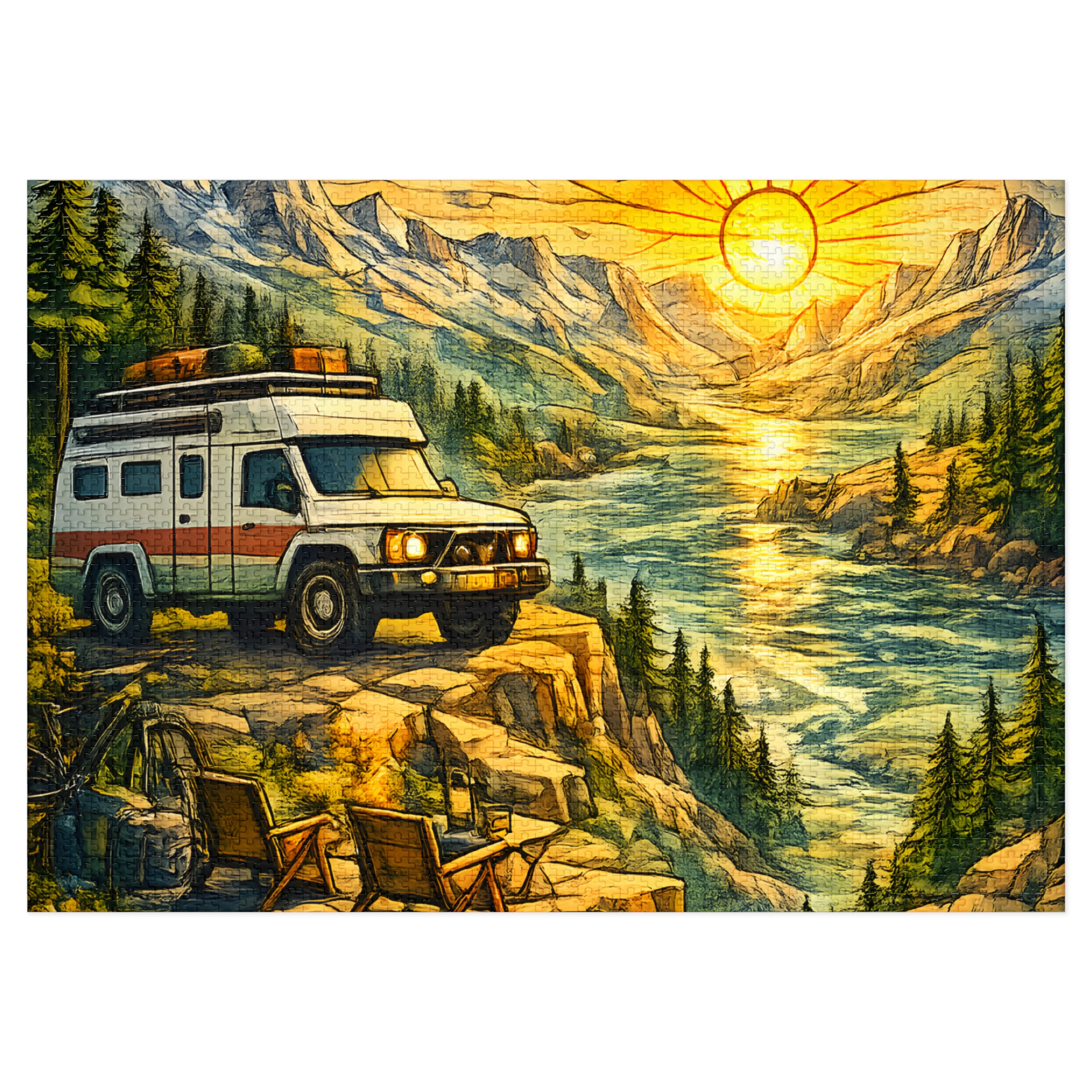 Jigsaw Puzzle with Tin — Camping Van Sunset (Design Cubic-Line)
