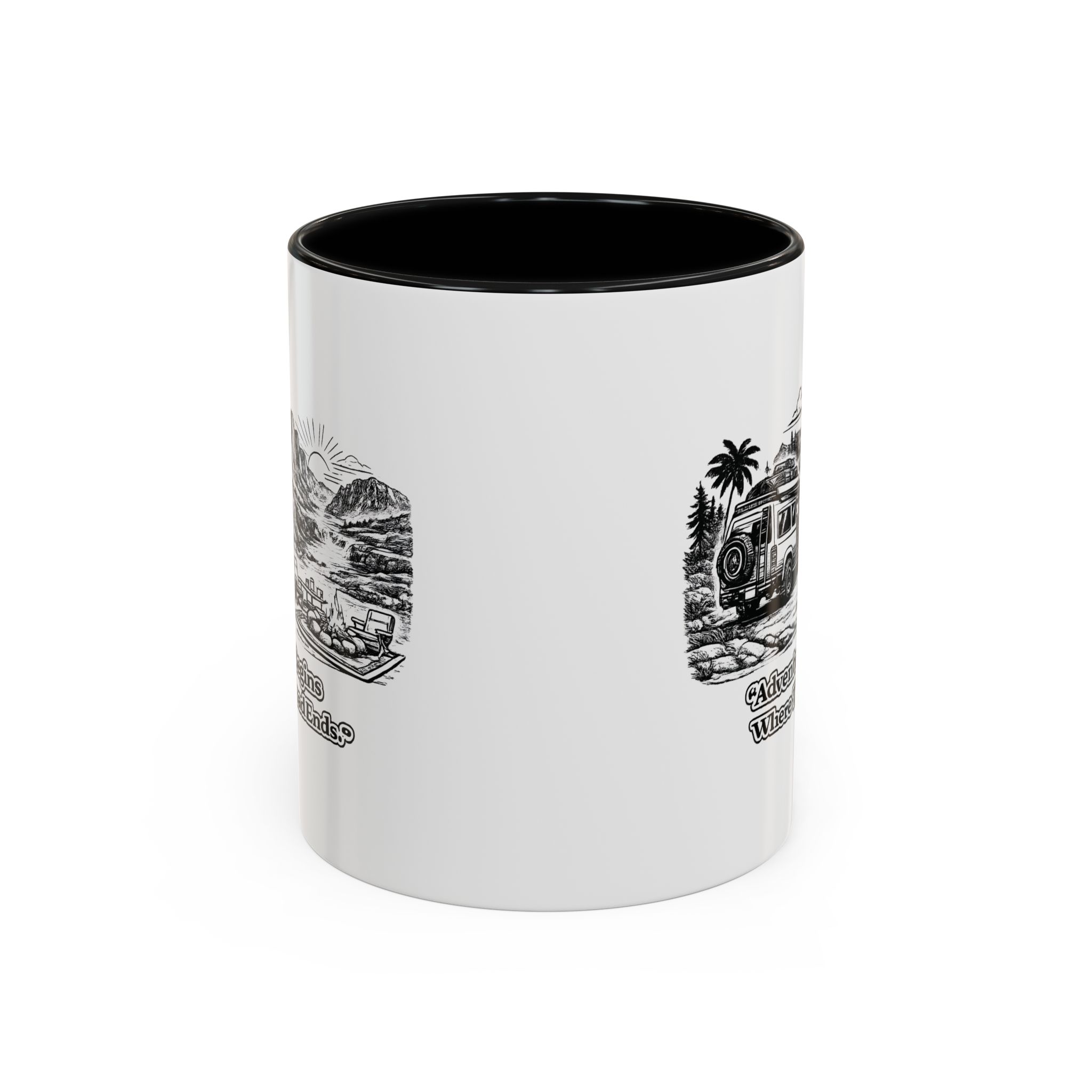 Accent Coffee Mug (11, 15oz) — "Adventure Begins Where The Road Ends" Design Minimal-Line