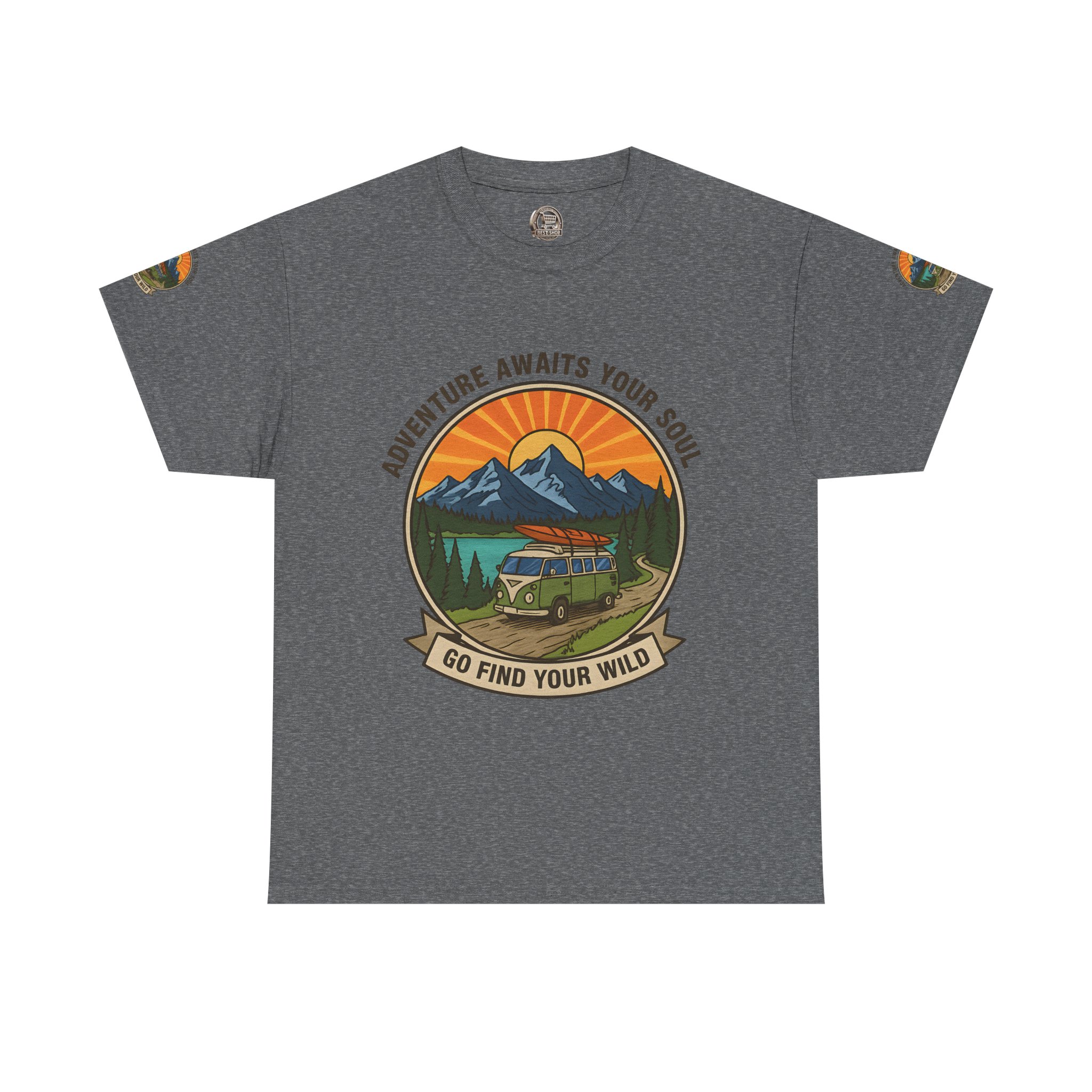 Unisex Heavy Cotton Tee — “Adventure Awaits Your Soul: Go Find Your Wild” Van & Mountain Graphic