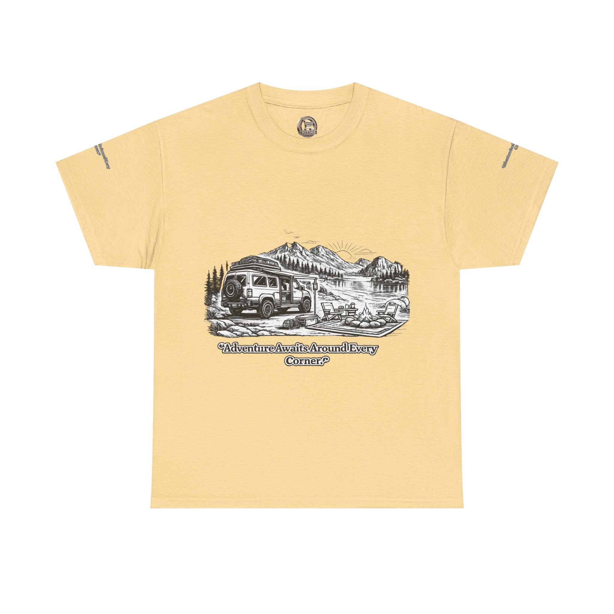 Unisex Heavy Cotton Tee — "Adventure Awaits Around Every Corner" Design Minimal-Line