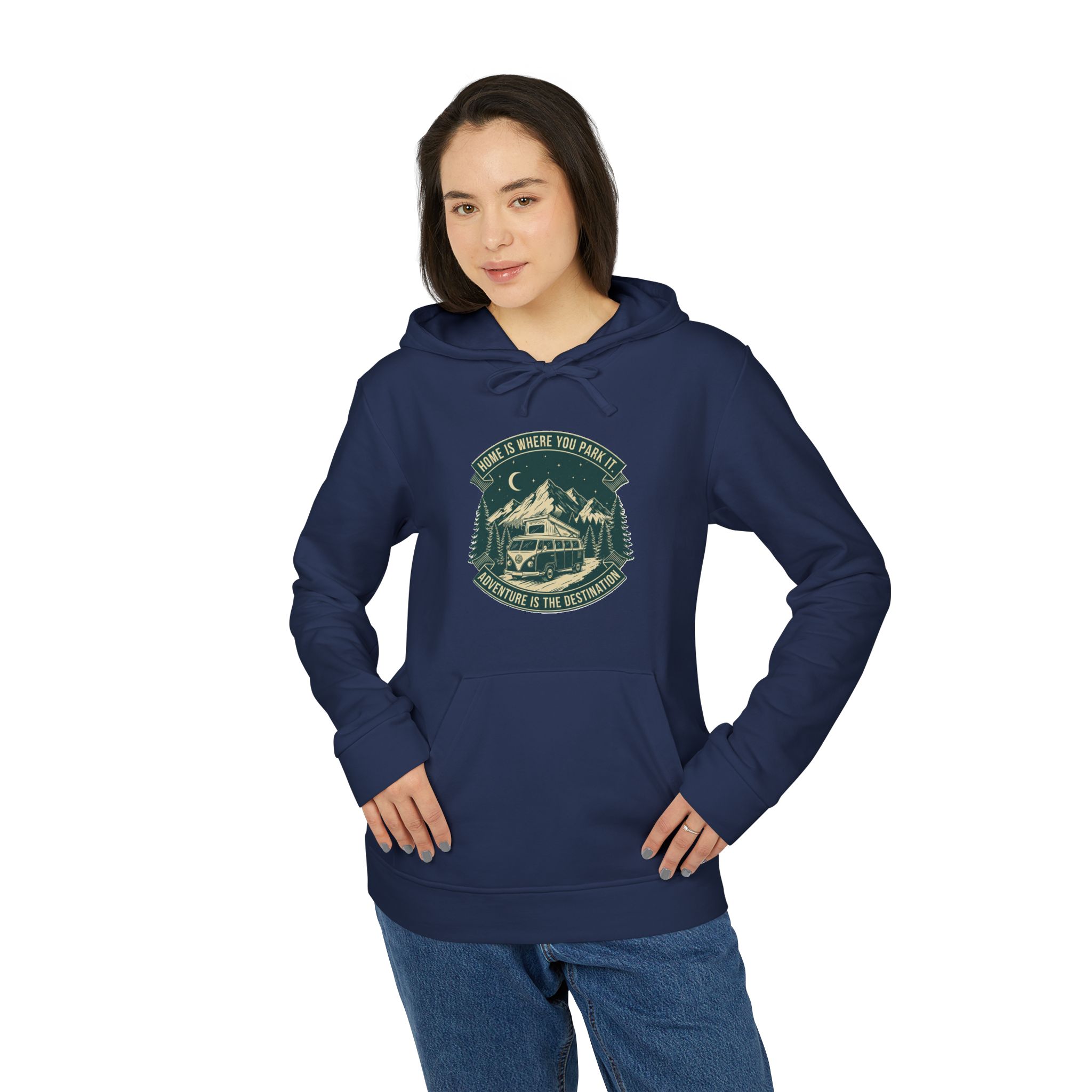 Hoodie(Adidas) — "Home Is Where You Park It-Adventure is the destination" Outdoor Travel Pullover (Only Front Printed)