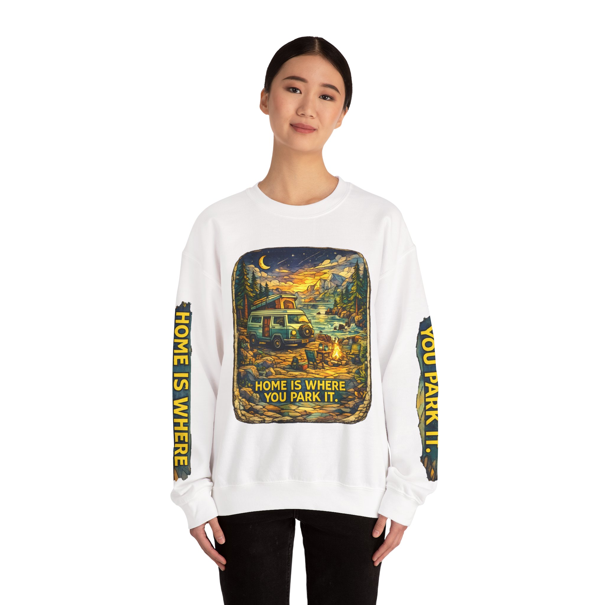 Unisex Heavy Blend™ Crewneck Sweatshirt — "Home Is Where You Park It" Design Cubic-Line
