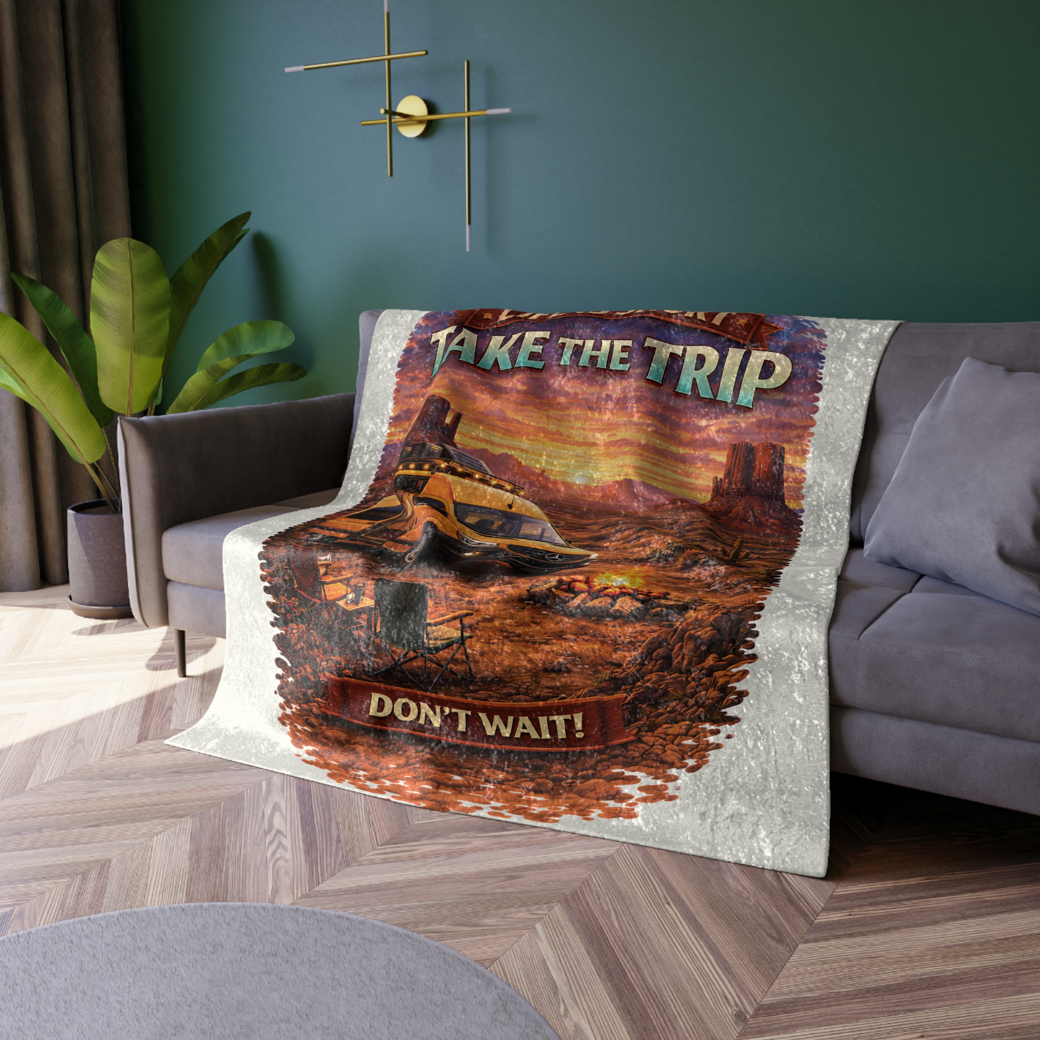 Crushed Velvet Blanket —"Life Is To Short-Take The Trip" Design Scenic-Line (Campervan)