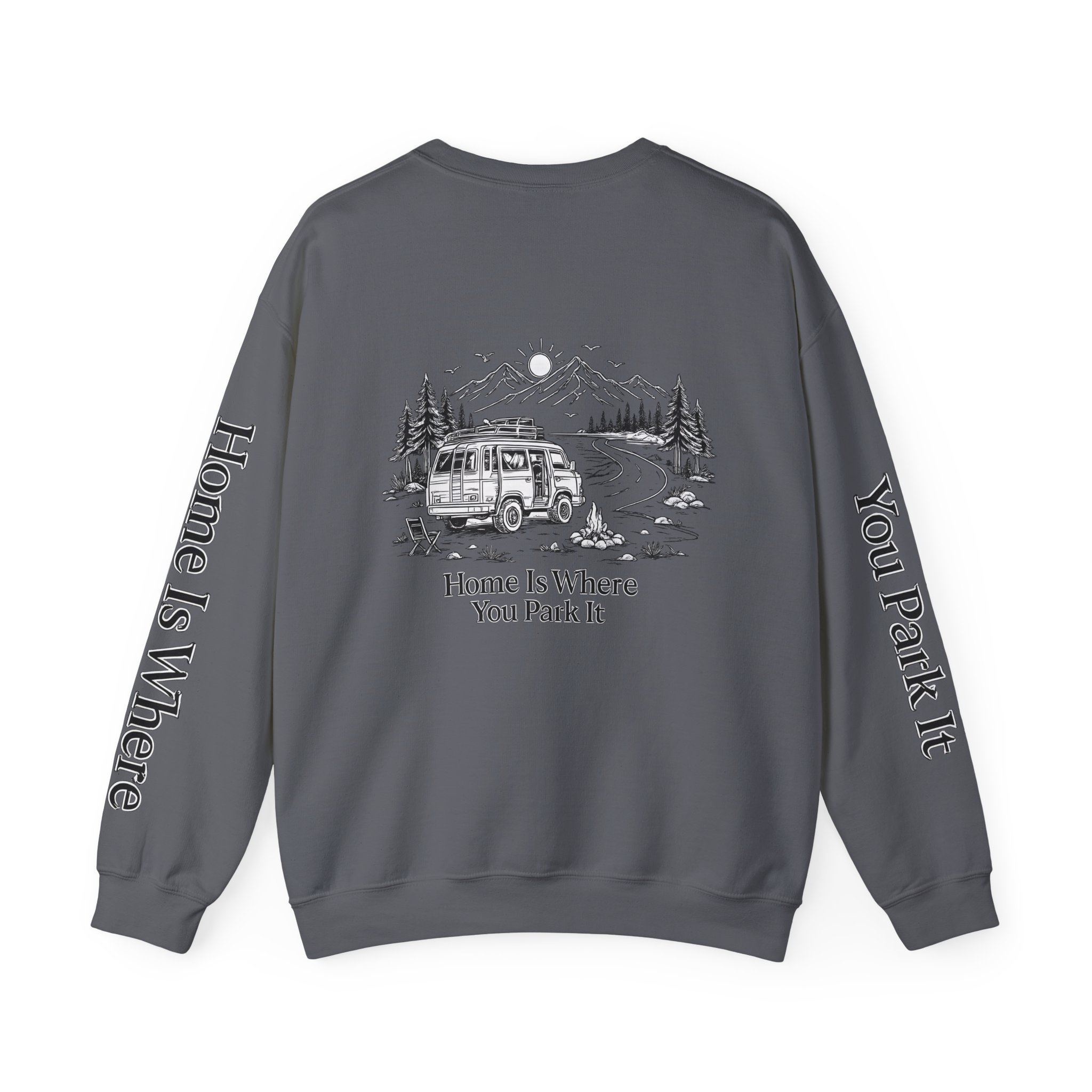 Unisex Heavy Blend™ Crewneck Sweatshirt — "Home Is Where You Park It" Design Minimal-Line