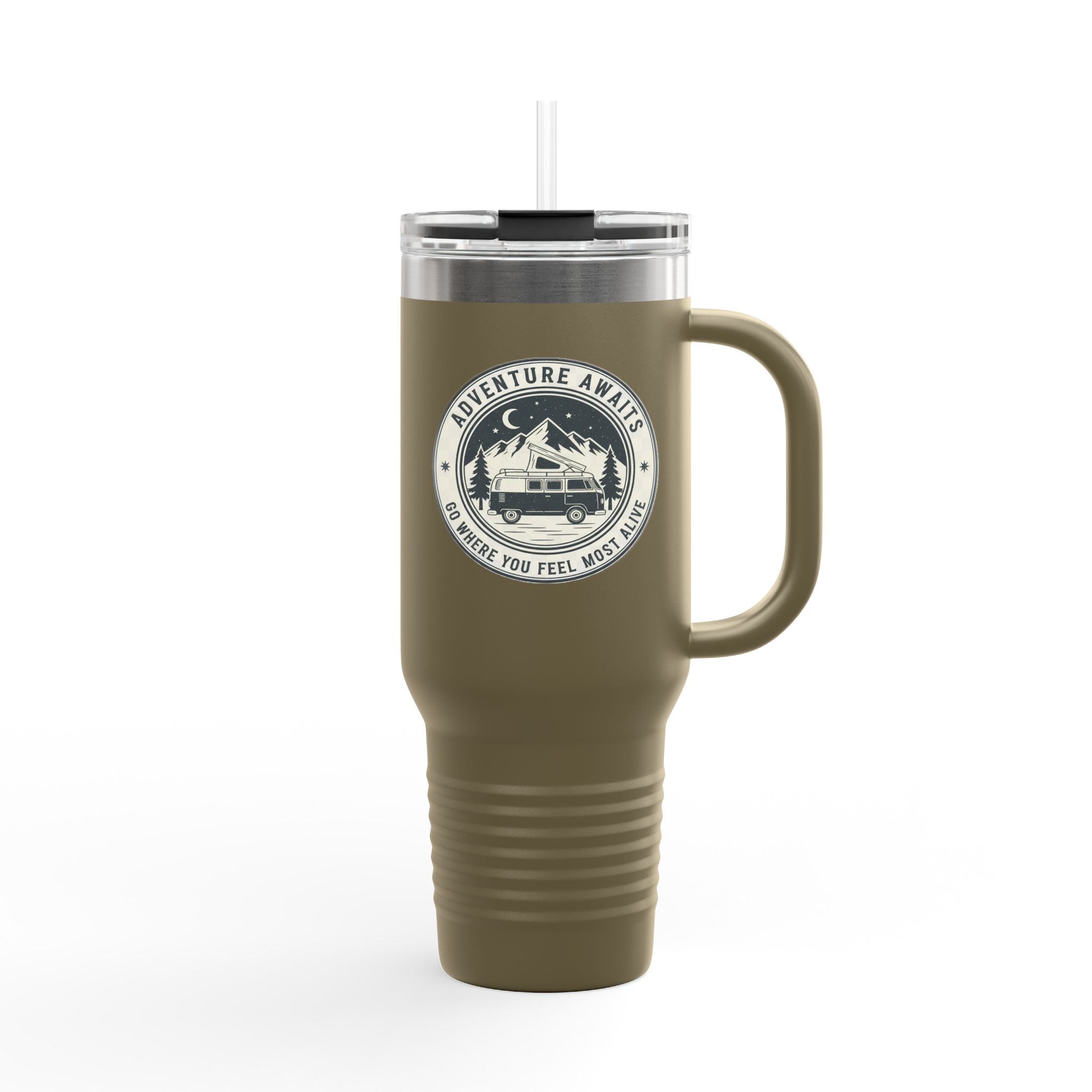 Insulated Travel Mug - "Adventure Awaits-Go Where You Feel Most Alive" (40oz) – Retro Camper Design, Keep Drinks Hot or Cold