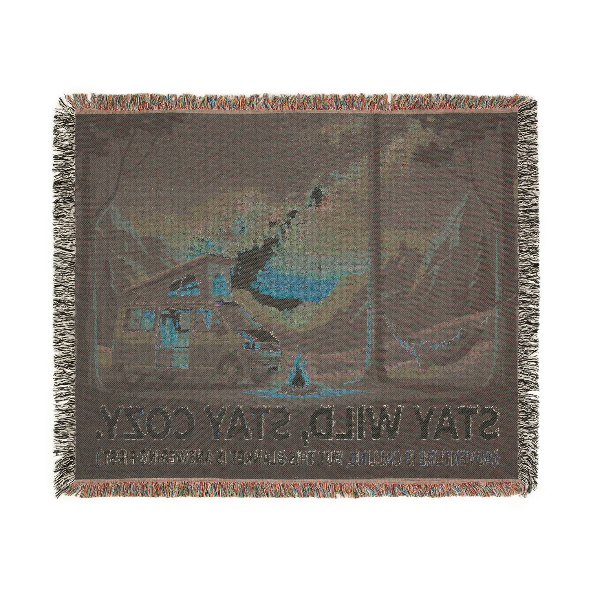 Woven Blanket - "Stay Wild, Stay Cozy" Campervan Mountain Throw