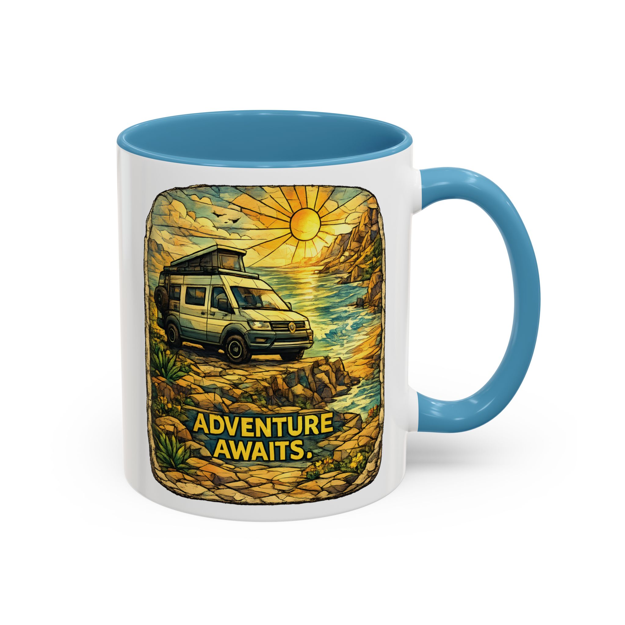 Accent Coffee Mug (11, 15oz) — "Adventure Awaits" Design Cubic-Line