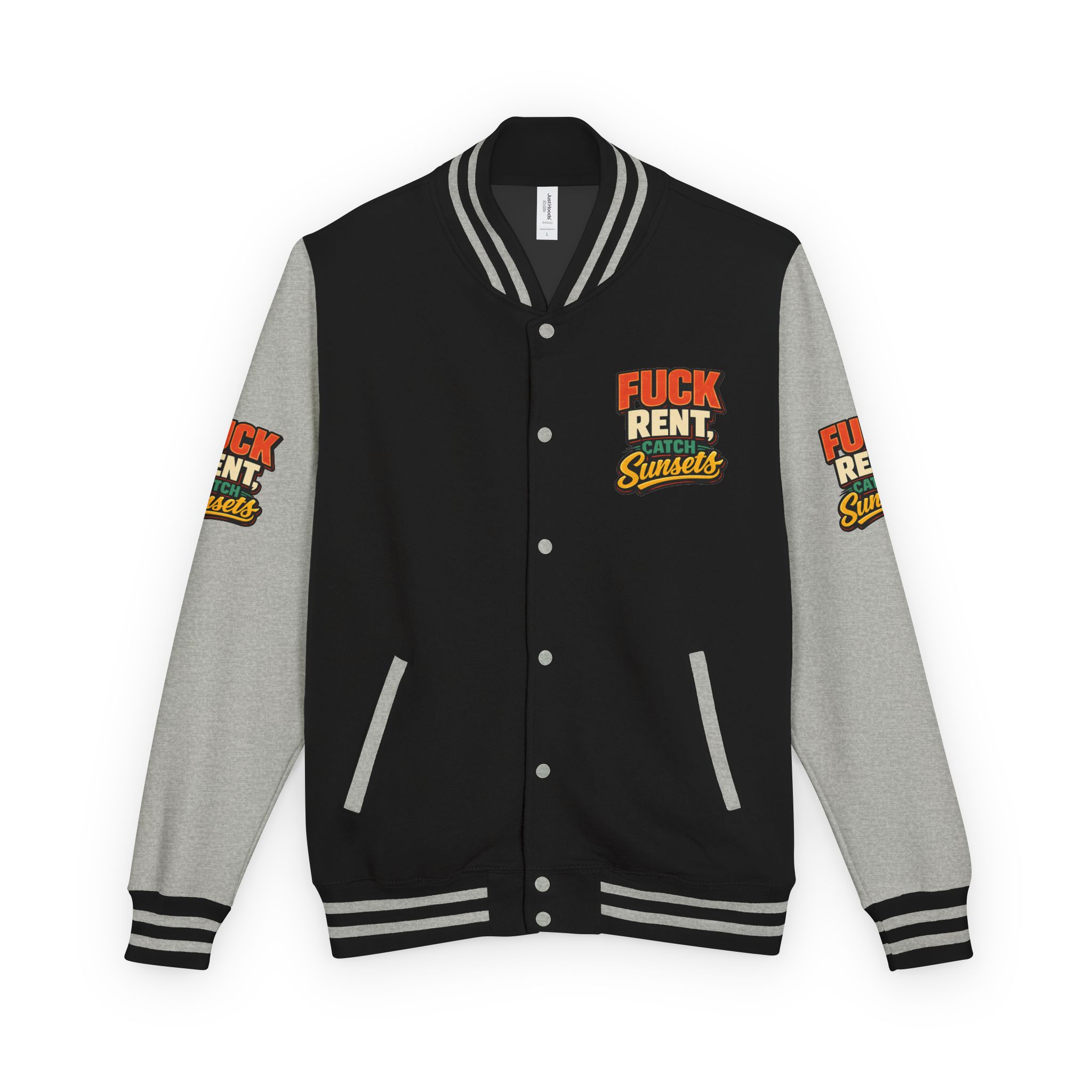 16486296342950578110_2048-2.jpeg Unisex Heavyweight Letterman Jacket — "Fuck Rent Catch Sunsets" Design F**K-Line