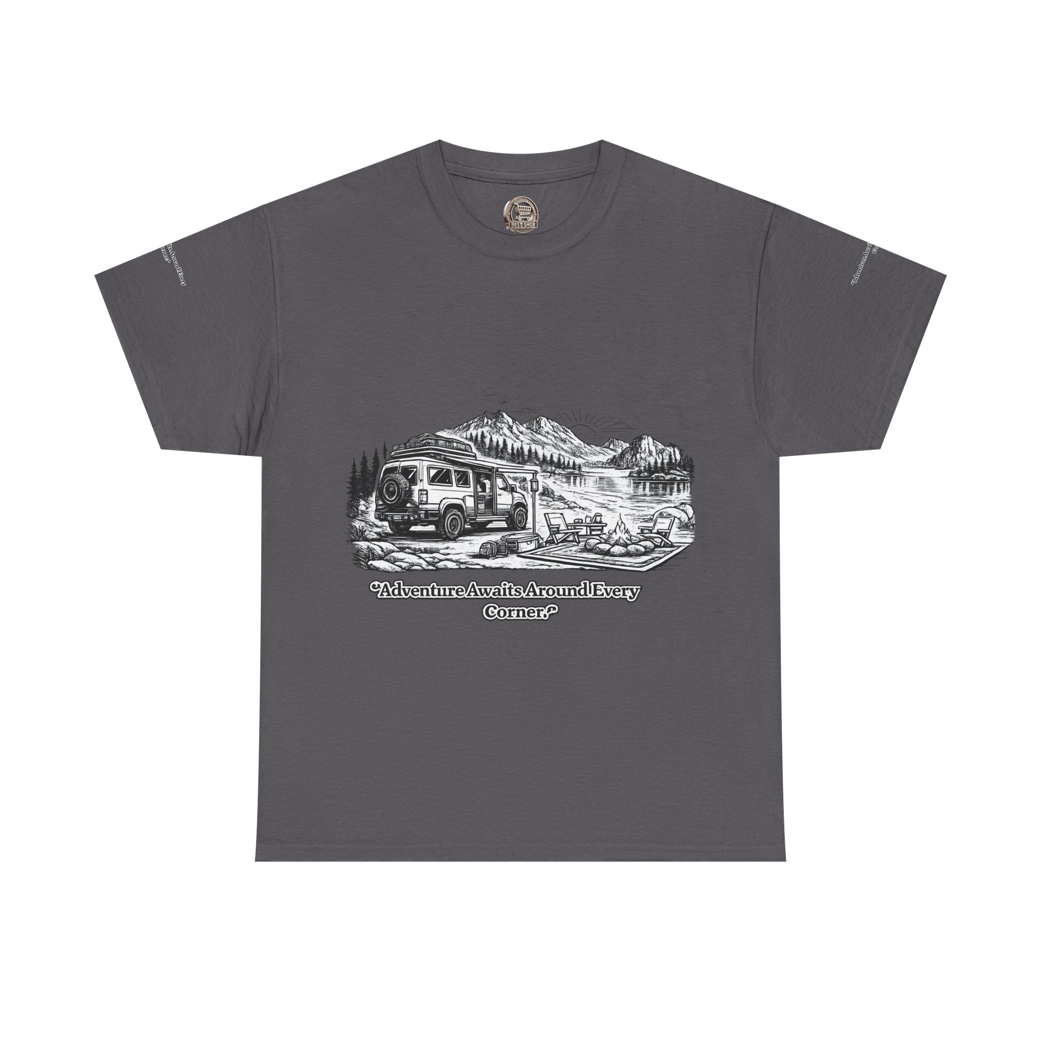 Unisex Heavy Cotton Tee — "Adventure Awaits Around Every Corner" Design Minimal-Line
