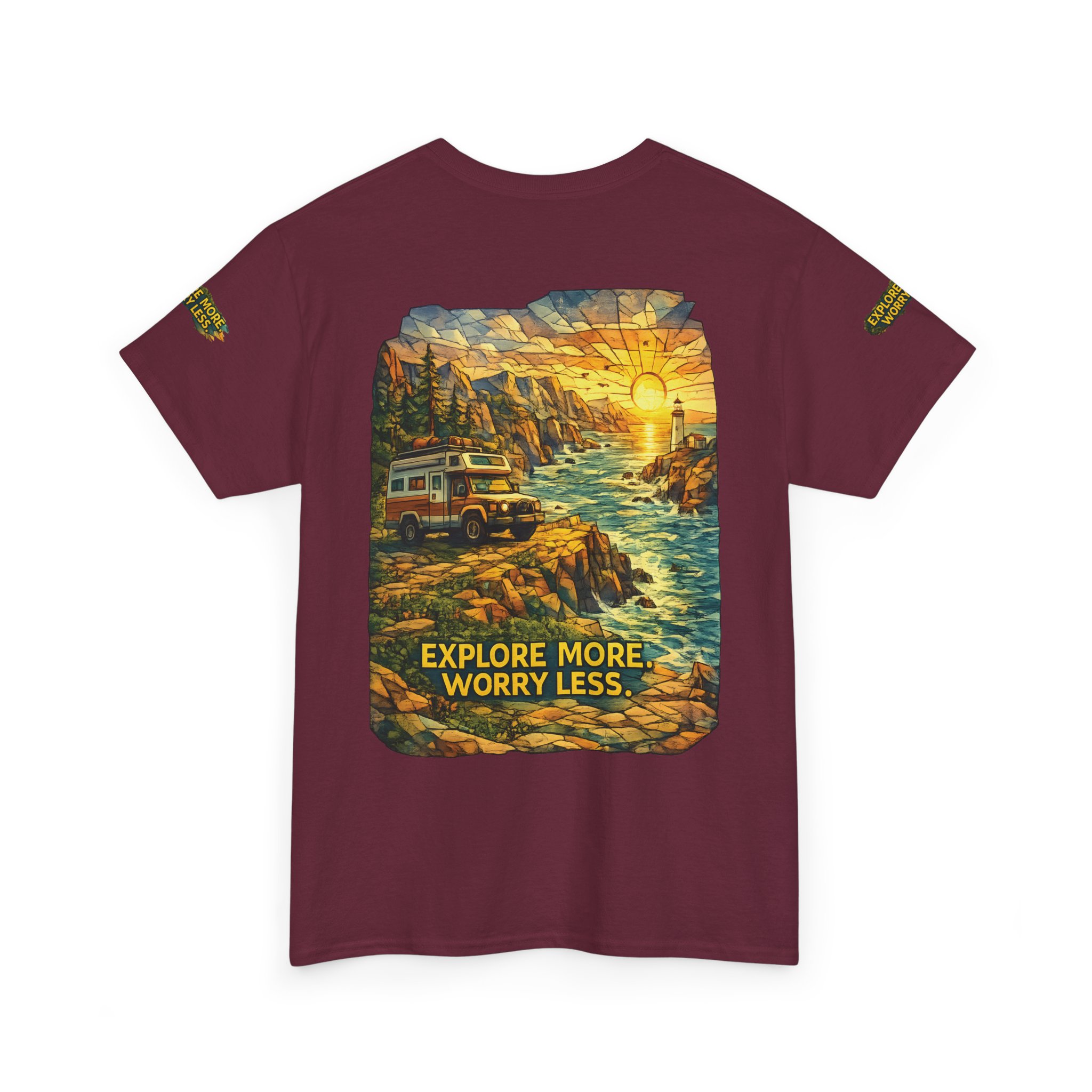 Unisex Heavy Cotton Tee — "Explore More Worry Less" Design Cubic-Line