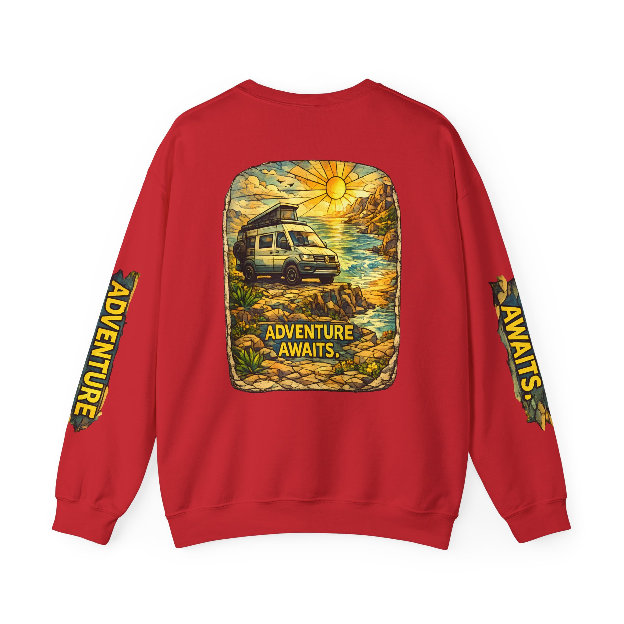 Unisex Heavy Blend™ Crewneck Sweatshirt — "Adventure Awaits" Design Cubic-Line