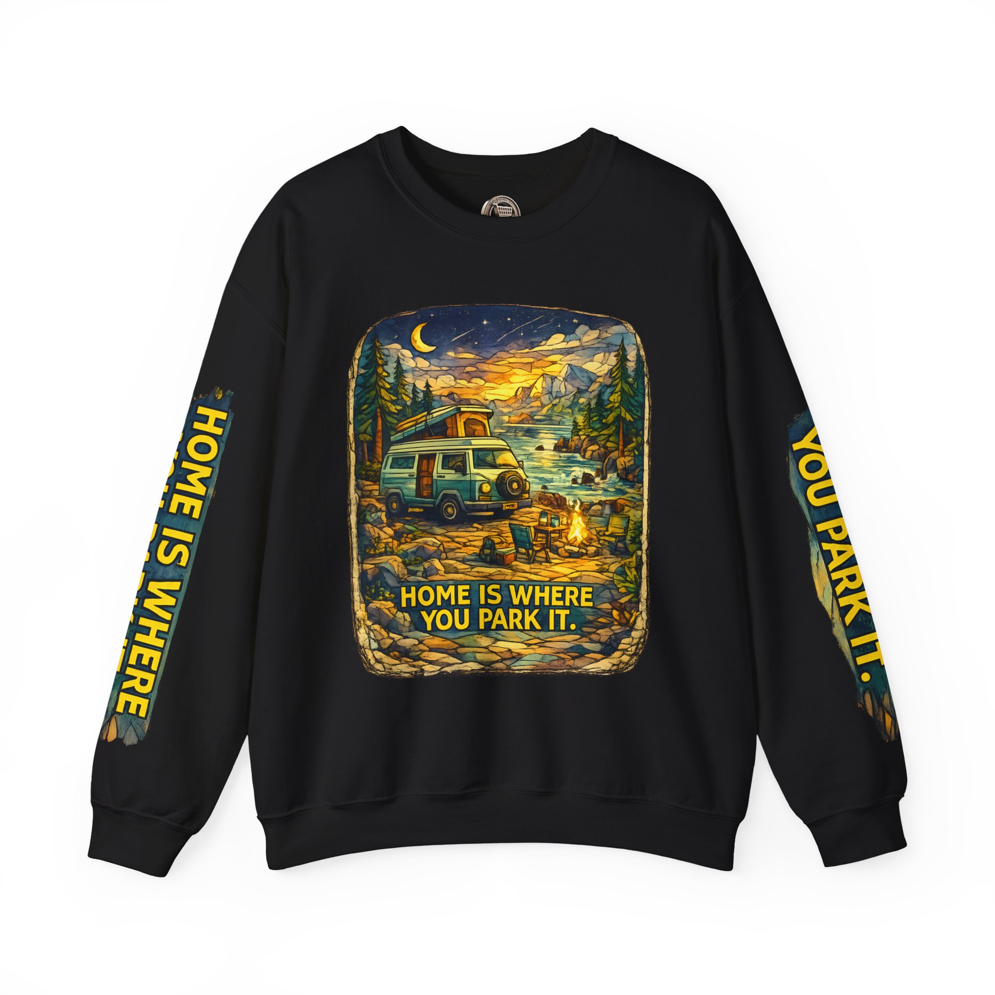 Unisex Heavy Blend™ Crewneck Sweatshirt — "Home Is Where You Park It" Design Cubic-Line
