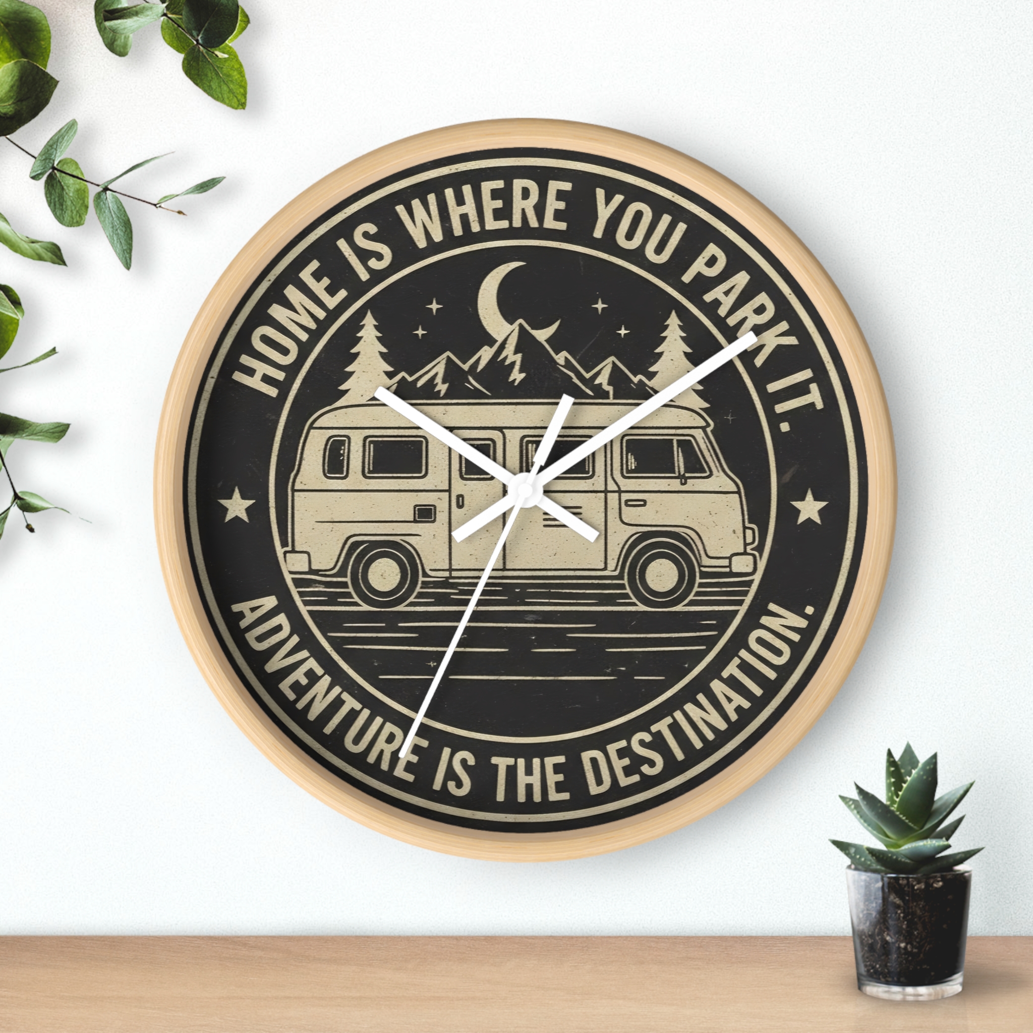 Wall Clock — "Home Is Where You Park It-Adventure is the destination" Camper Van Mountain Travel Timepiece