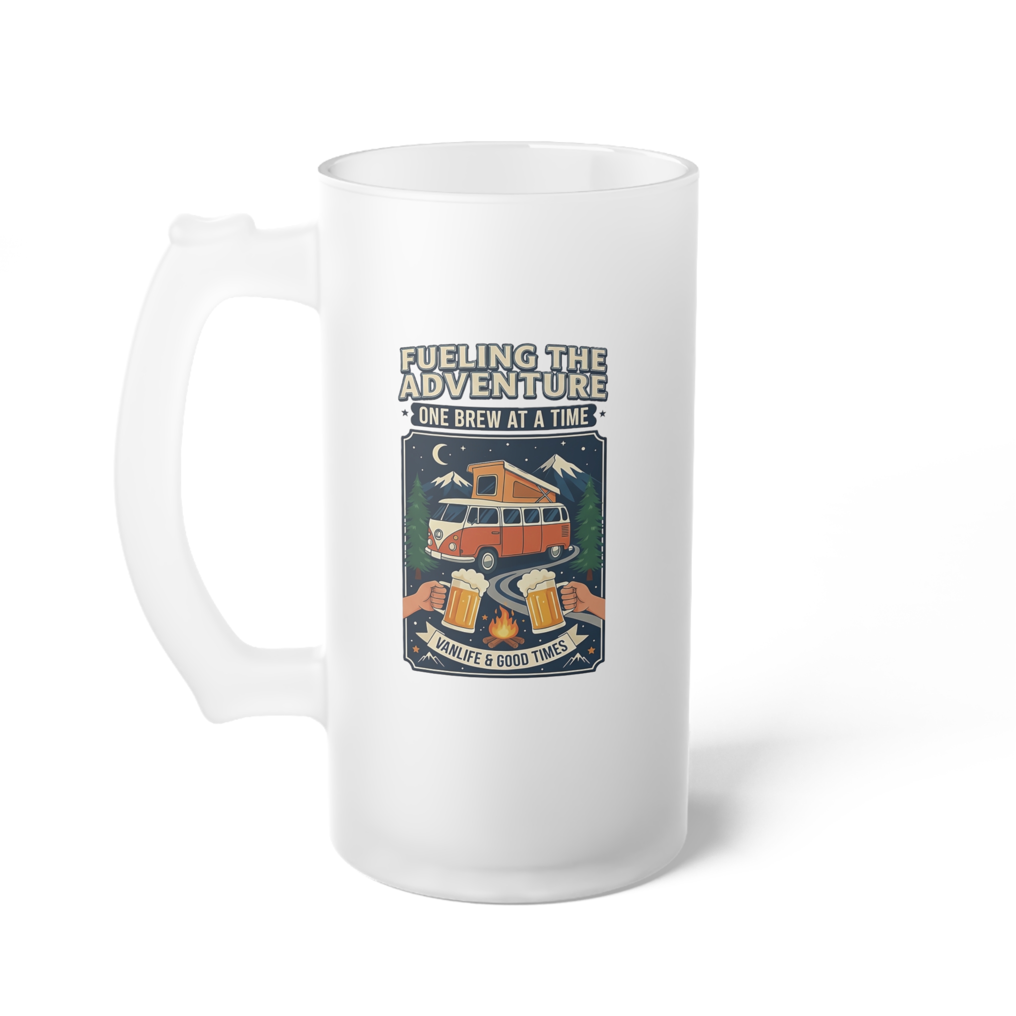 Frosted Glass Beer Mug — "Feuling the adventure" Retro Cabin Adventure Design