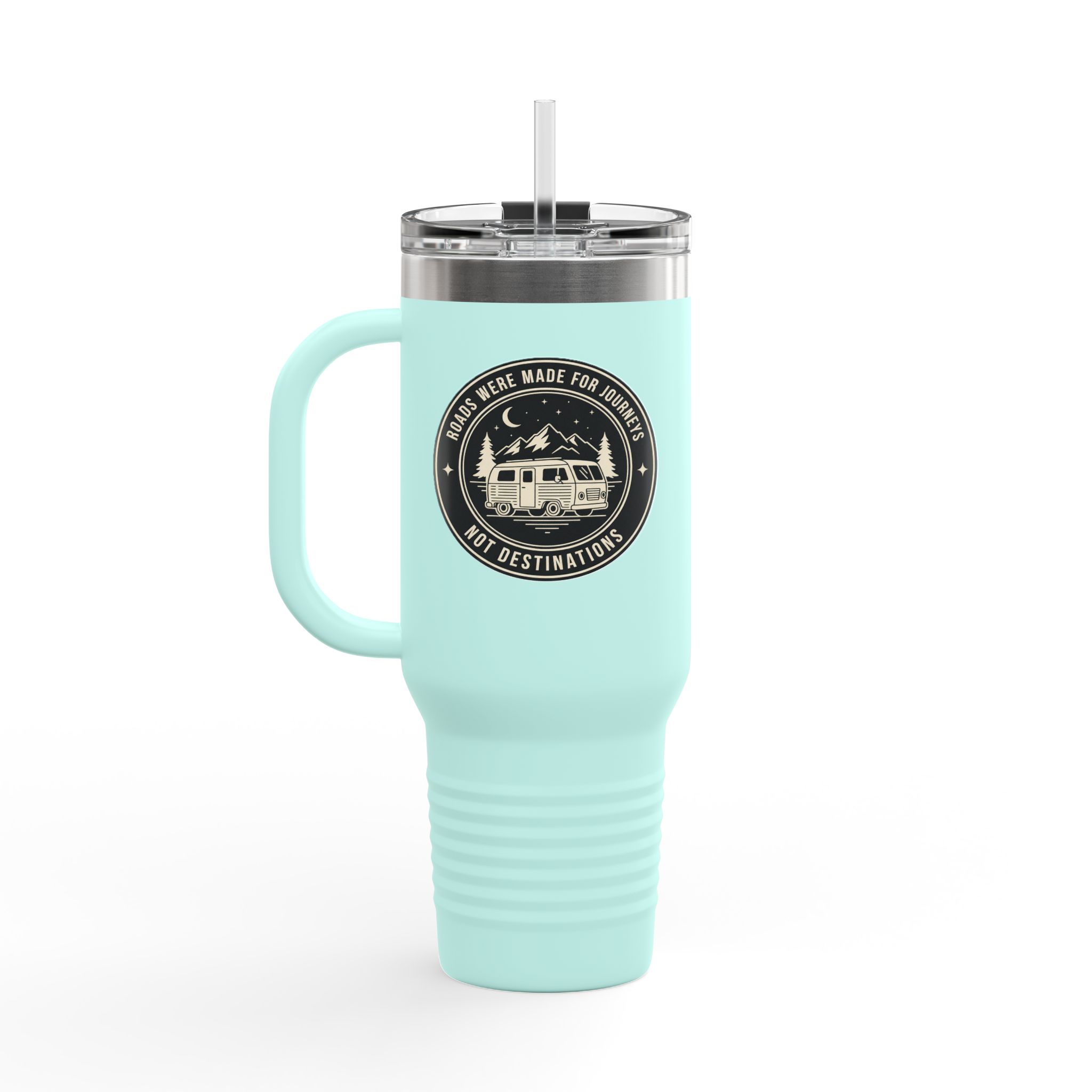 Insulated Travel Mug -'ROAD WHERE MADE FOR JOURNEYS-NOT DESTINATIONS' (40oz ) – Retro Camper Design, Keep Drinks Hot or Cold