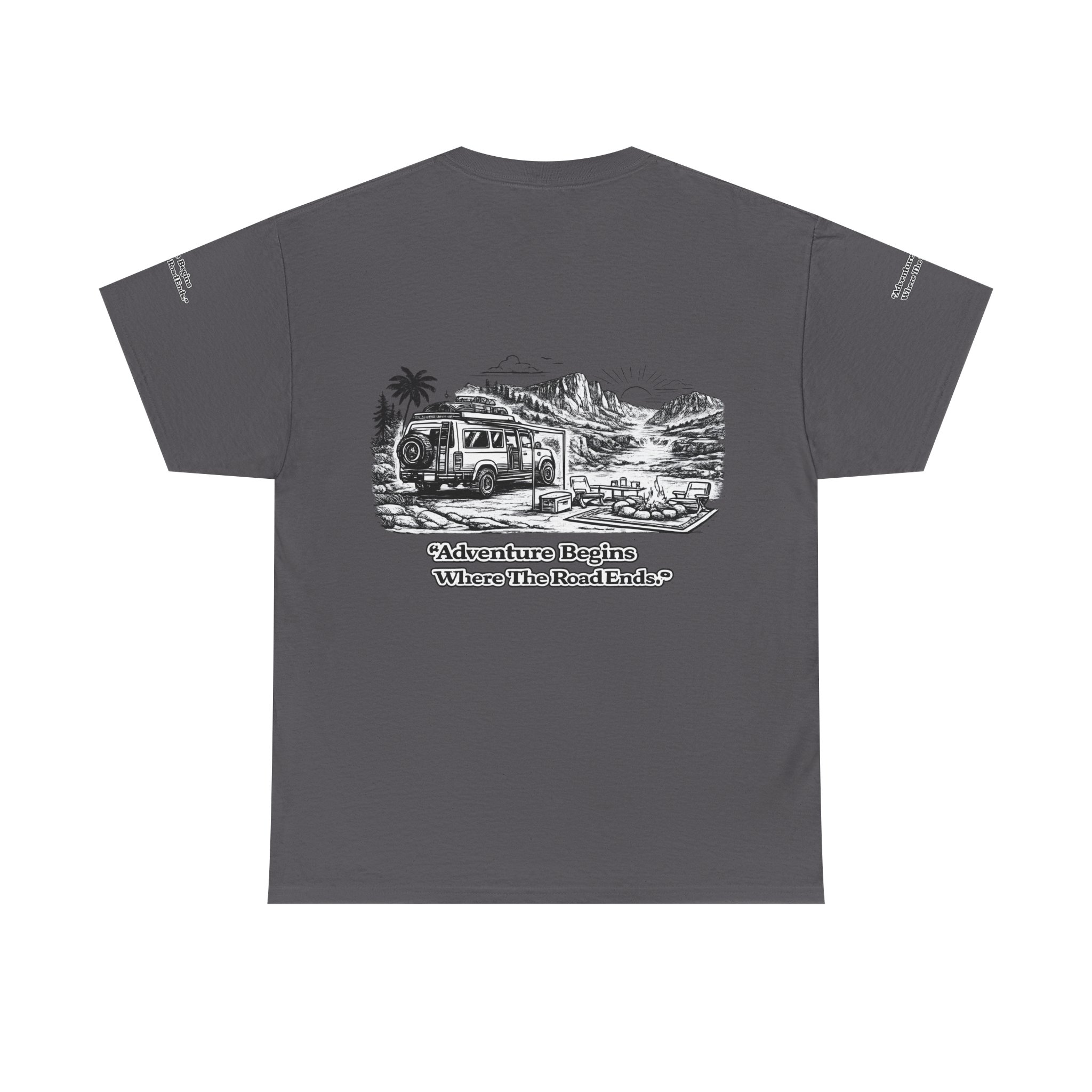 Unisex Heavy Cotton Tee — "Adventure Begins Where The Road Ends" Design Minimal-Line