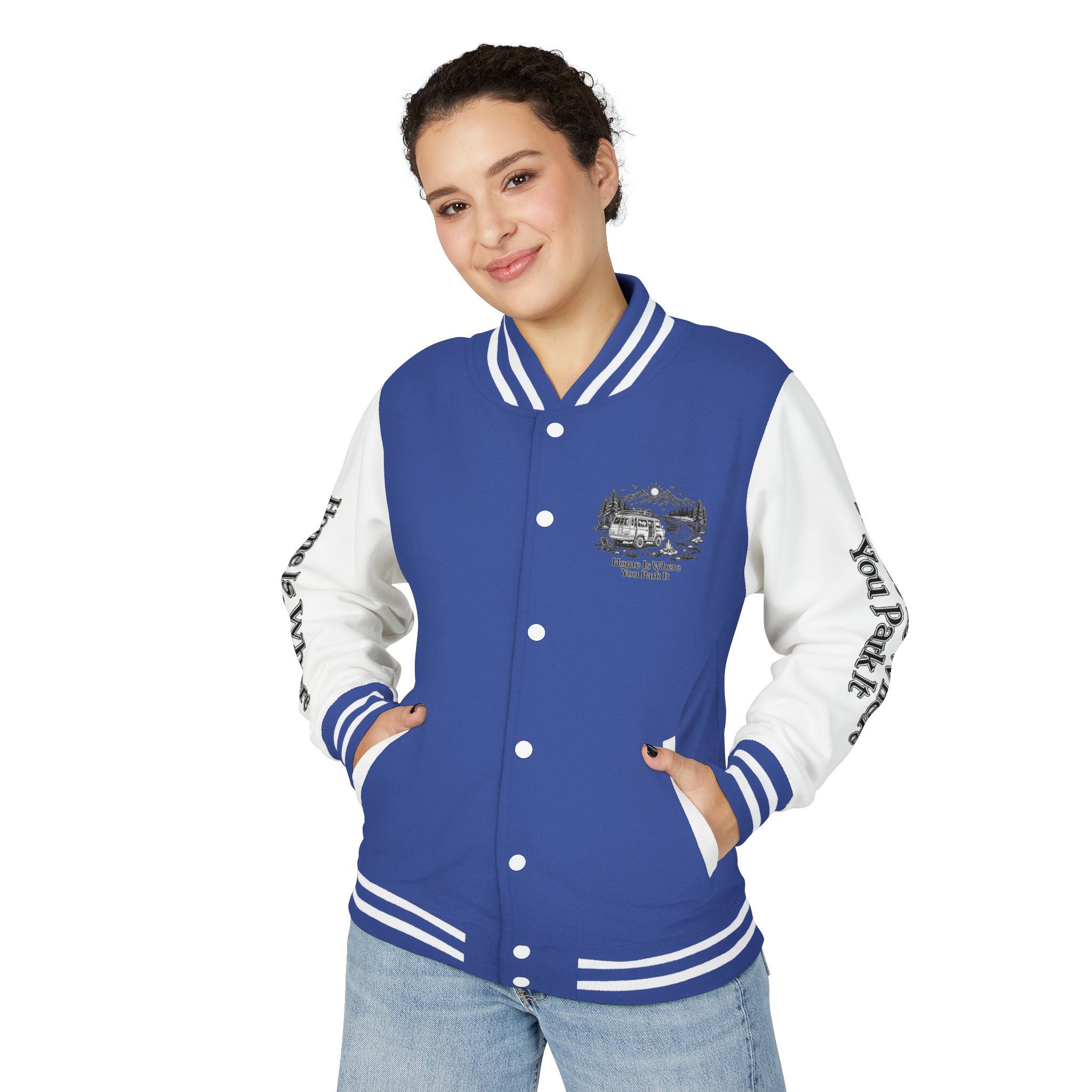 Unisex Heavyweight Letterman Jacket — "Home Is Where You Park It" Travel Varsity Coat