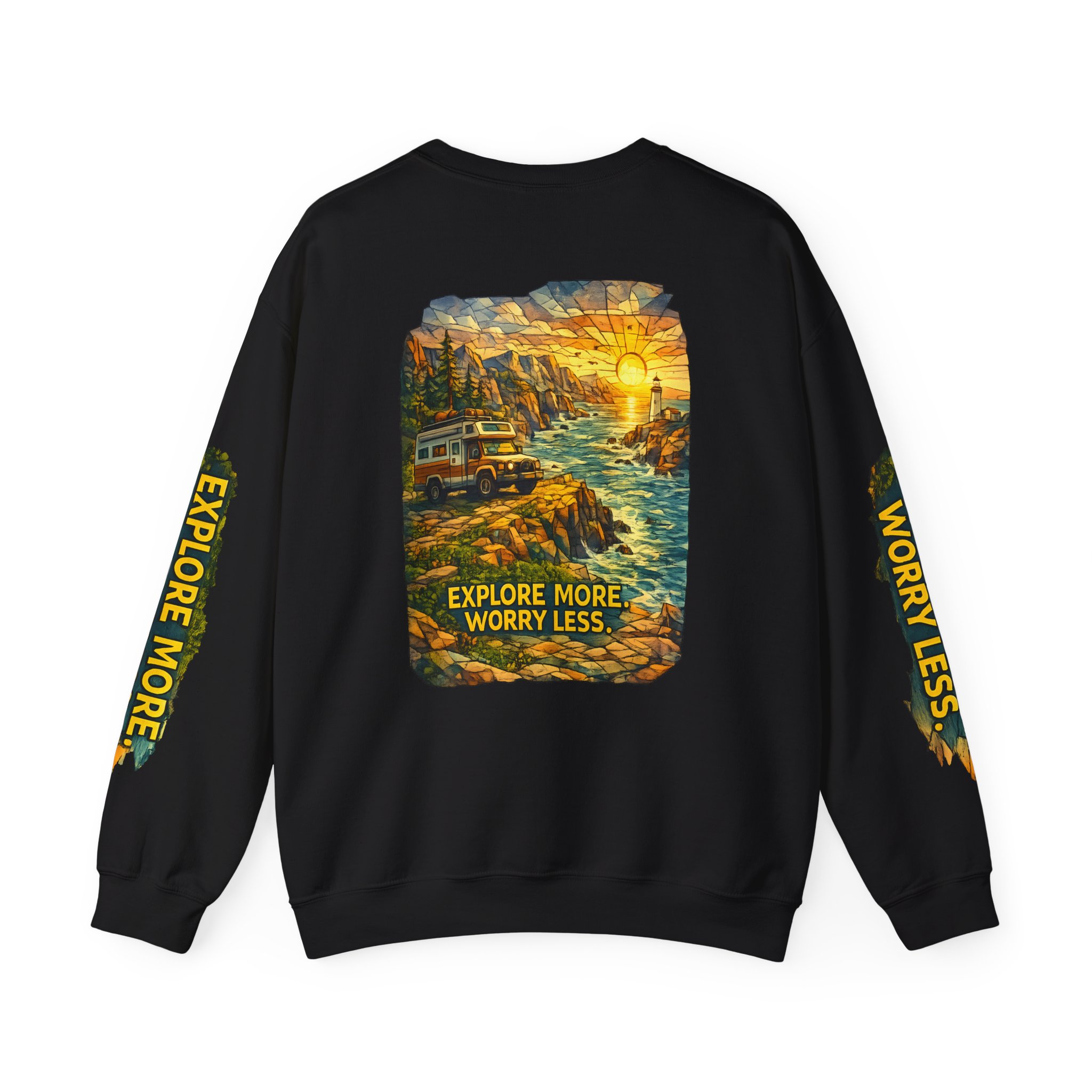 Unisex Heavy Blend™ Crewneck Sweatshirt — "Explore More Worry Less" Design Cubic-Line