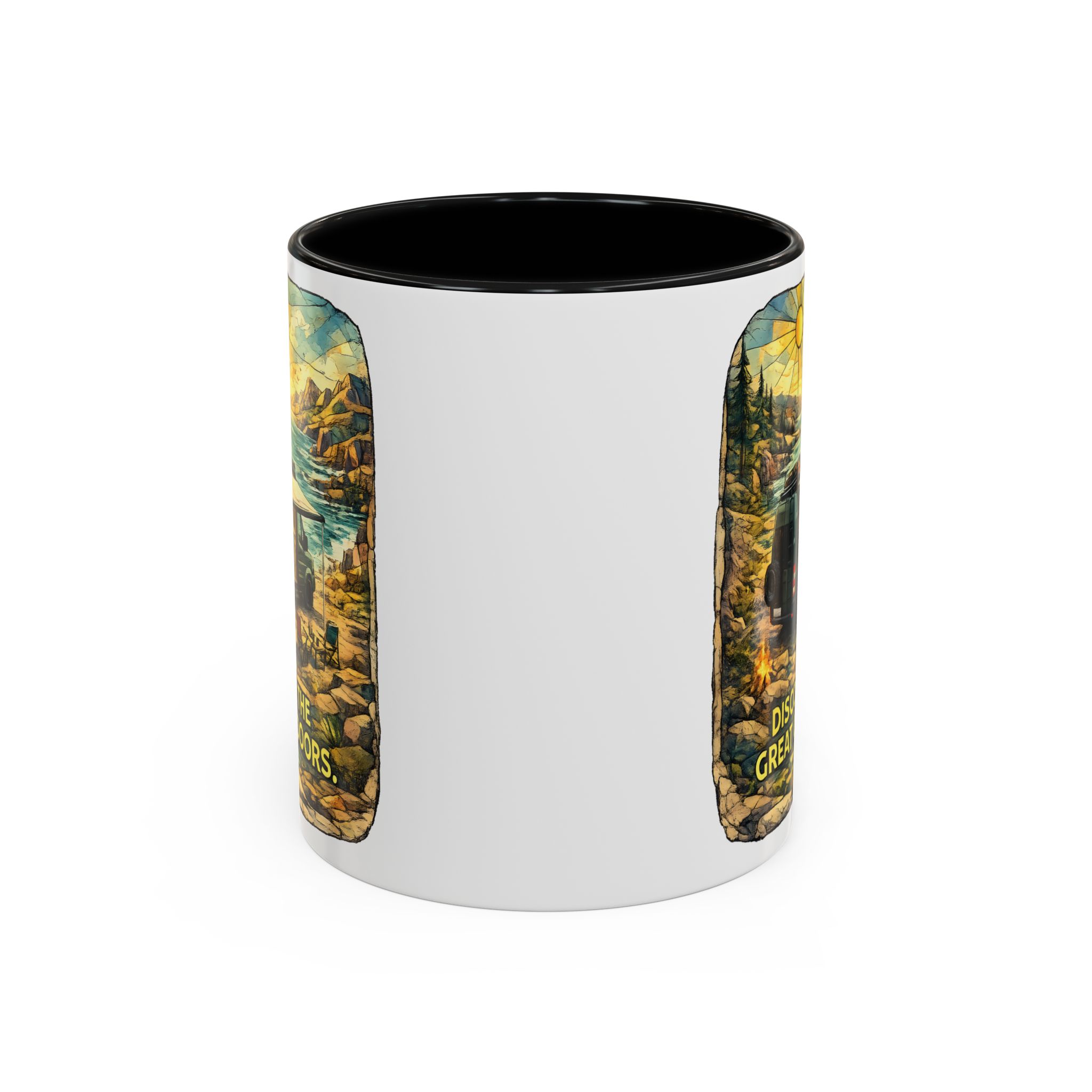 Accent Coffee Mug (11, 15oz) — "Discover The Great Outdoors" Design Cubic-Line