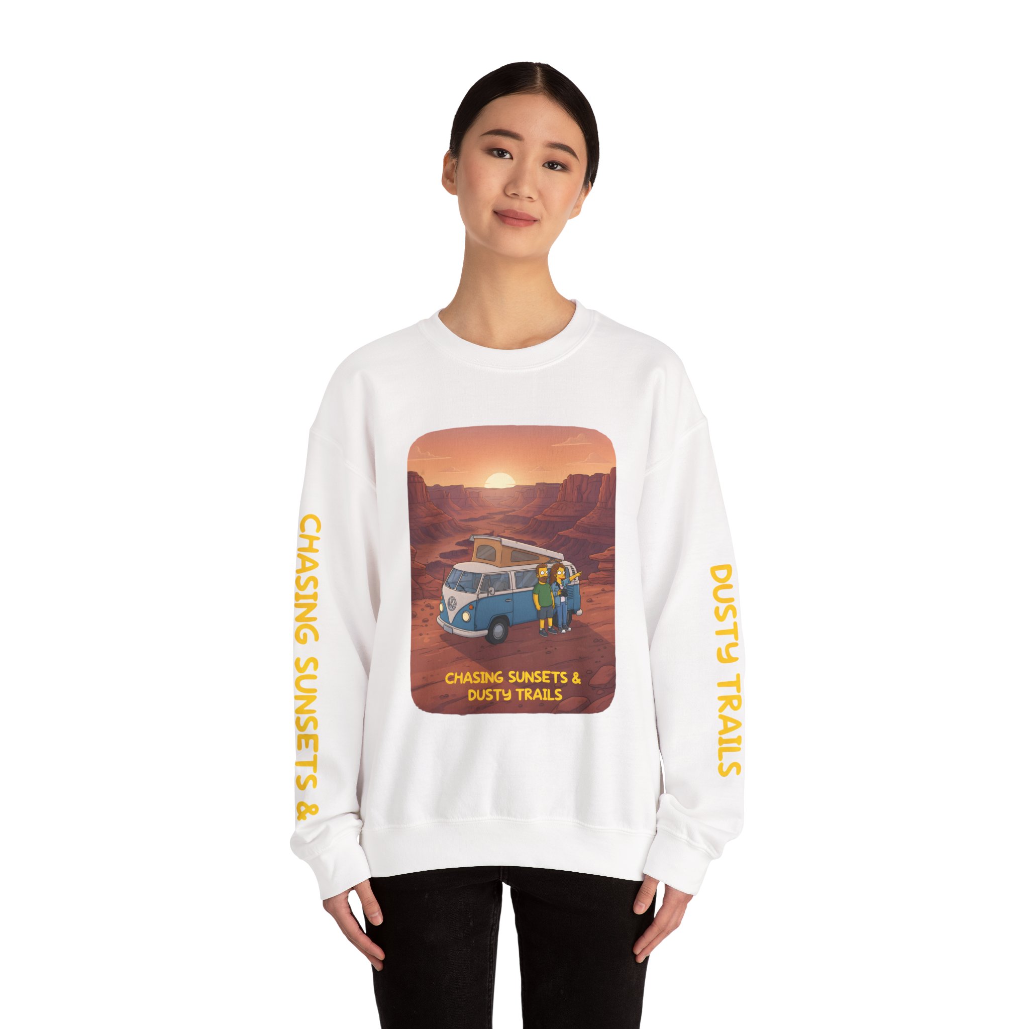 Unisex Heavy Blend™ Crewneck Sweatshirt — "Chasing Sunsets And Dusty Trails" Design Sitcom-Line