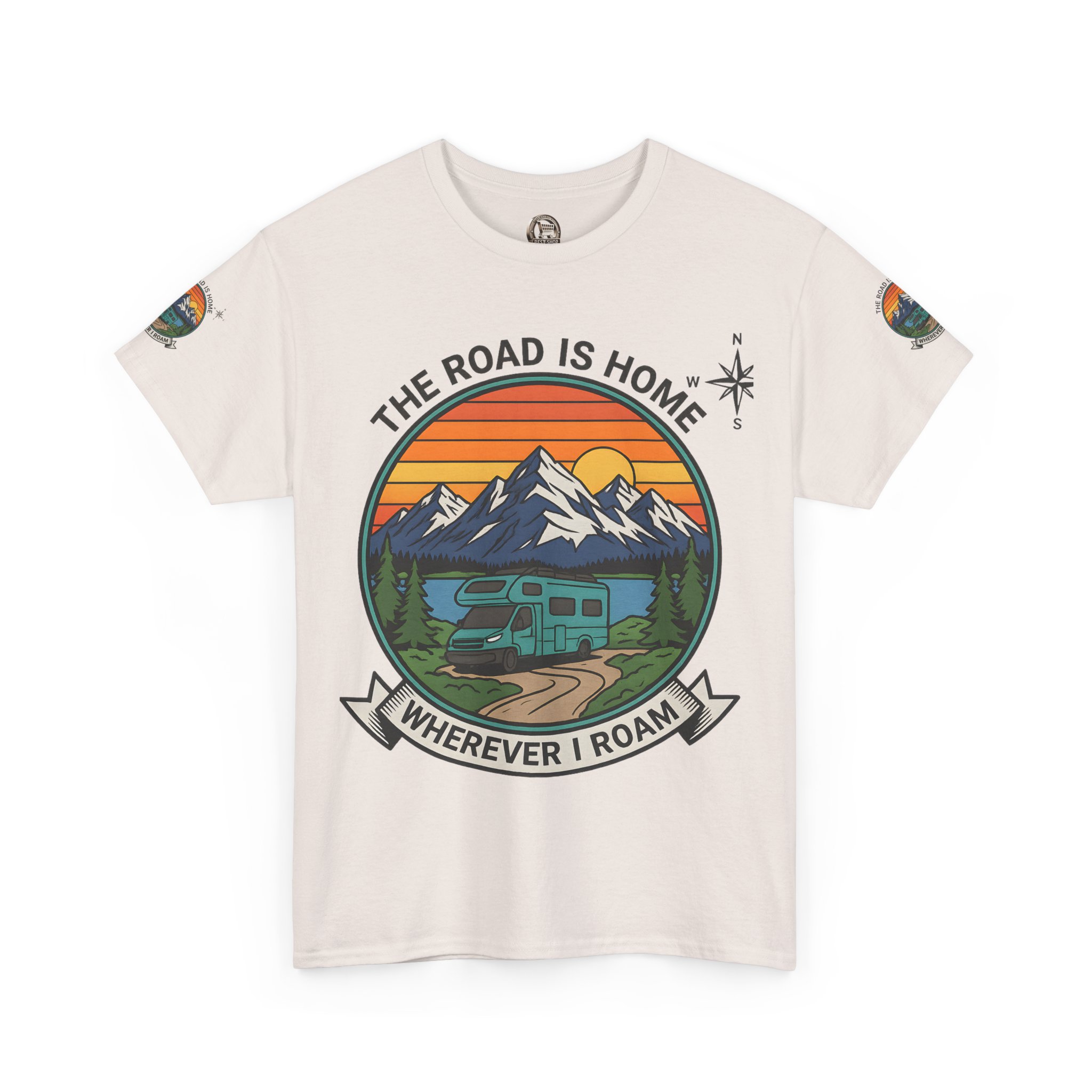 Unisex Heavy Cotton Tee  — 'The Road Is Home, Wherever I Roam' Retro Camper Tee