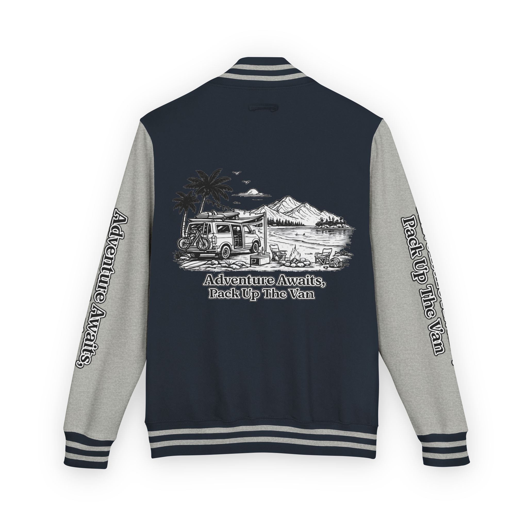 Unisex Heavyweight Letterman Jacket — "Adventure Awaits,Pack Up The Van" Travel Varsity Coat