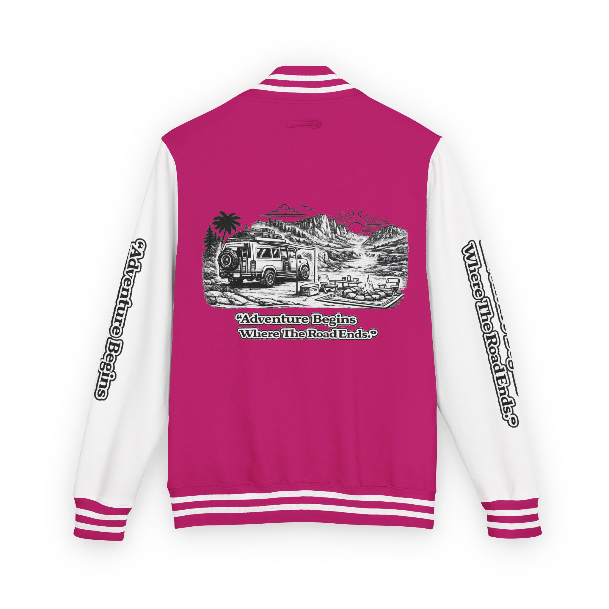 16558469608554356855_2048-1.jpeg Unisex Heavyweight Letterman Jacket — "Adventure Begins Where The Road Ends" Travel Varsity Coat