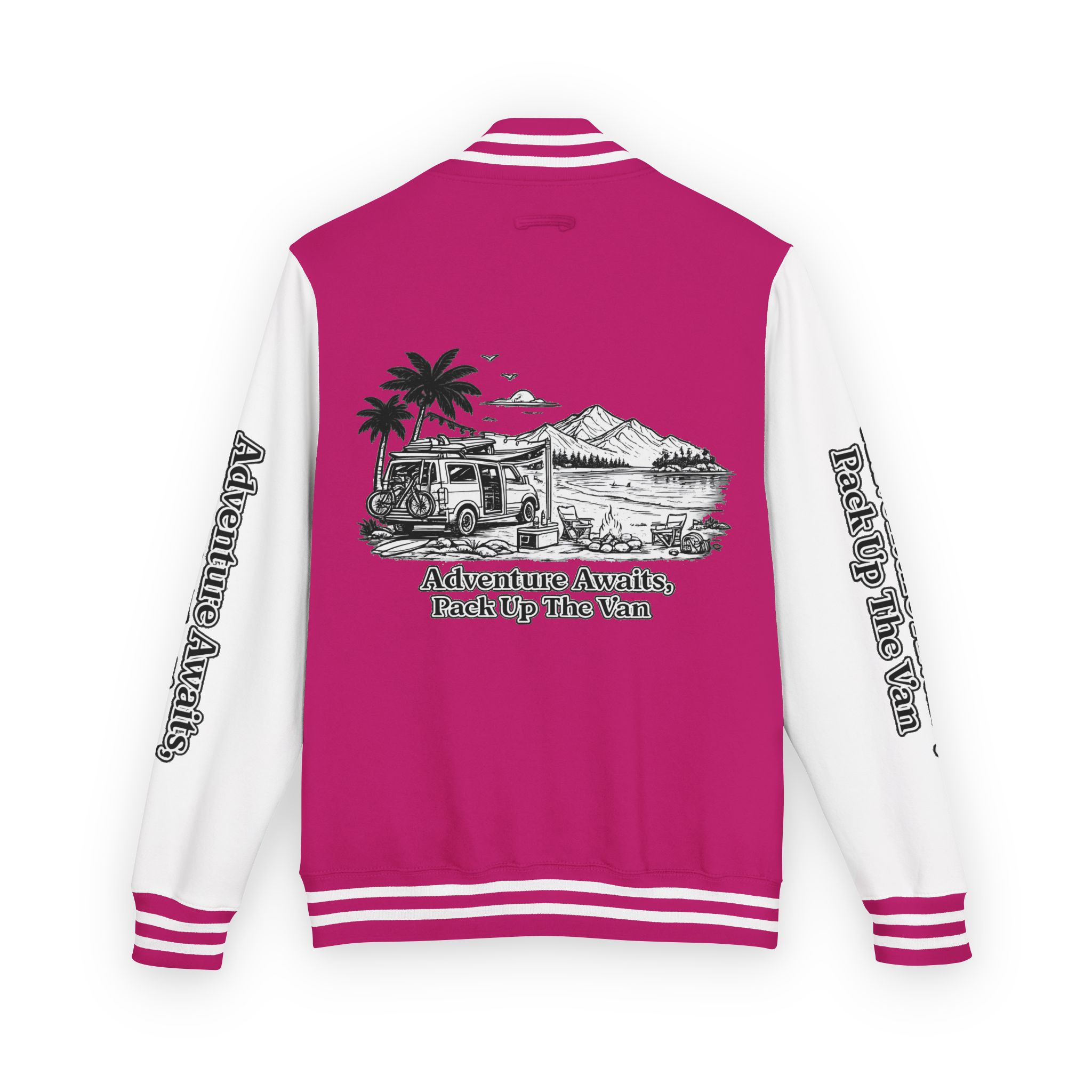 Unisex Heavyweight Letterman Jacket — "Adventure Awaits,Pack Up The Van" Travel Varsity Coat
