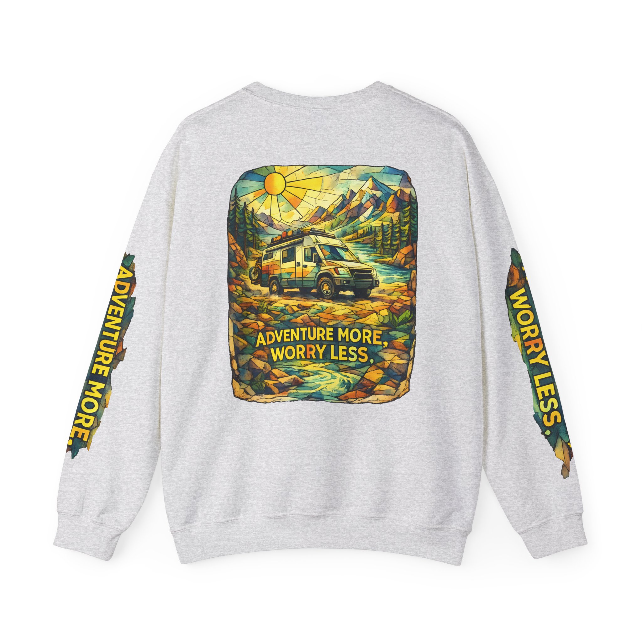 Unisex Heavy Blend™ Crewneck Sweatshirt — "Adventure More Worry Less" Design Cubic-Line