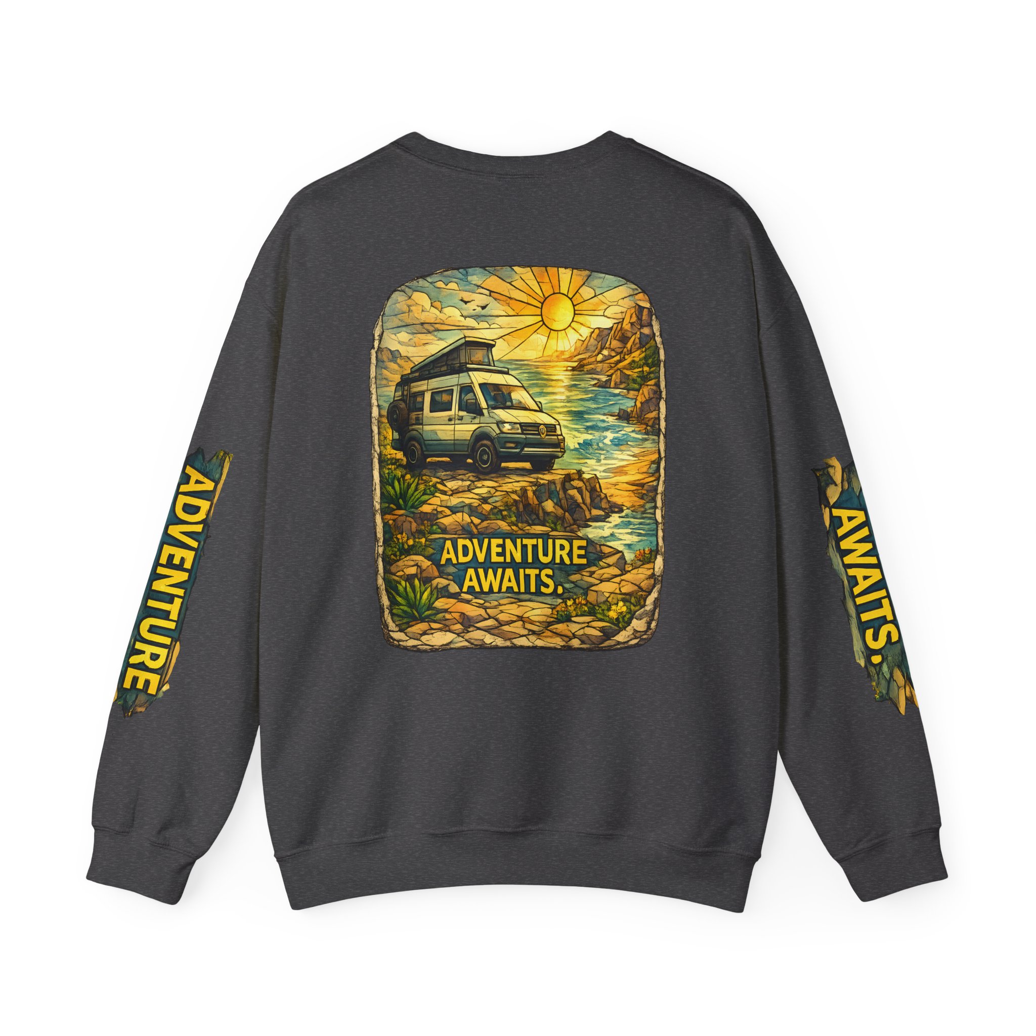 Unisex Heavy Blend™ Crewneck Sweatshirt — "Adventure Awaits" Design Cubic-Line