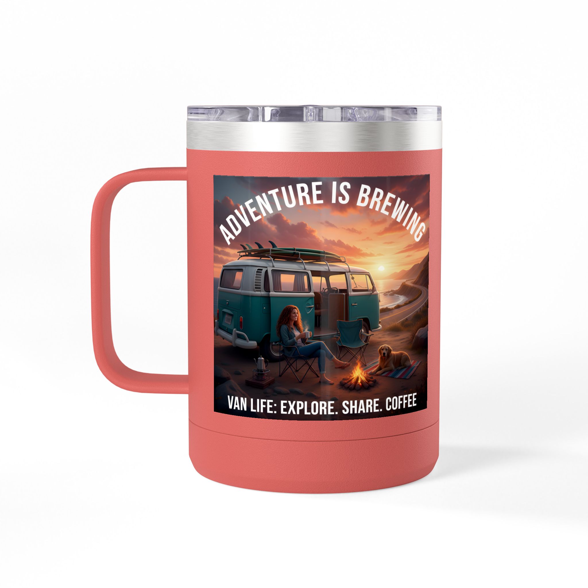 Coffee Mug Tumbler, 15oz-- "Adventure Is Brewing"