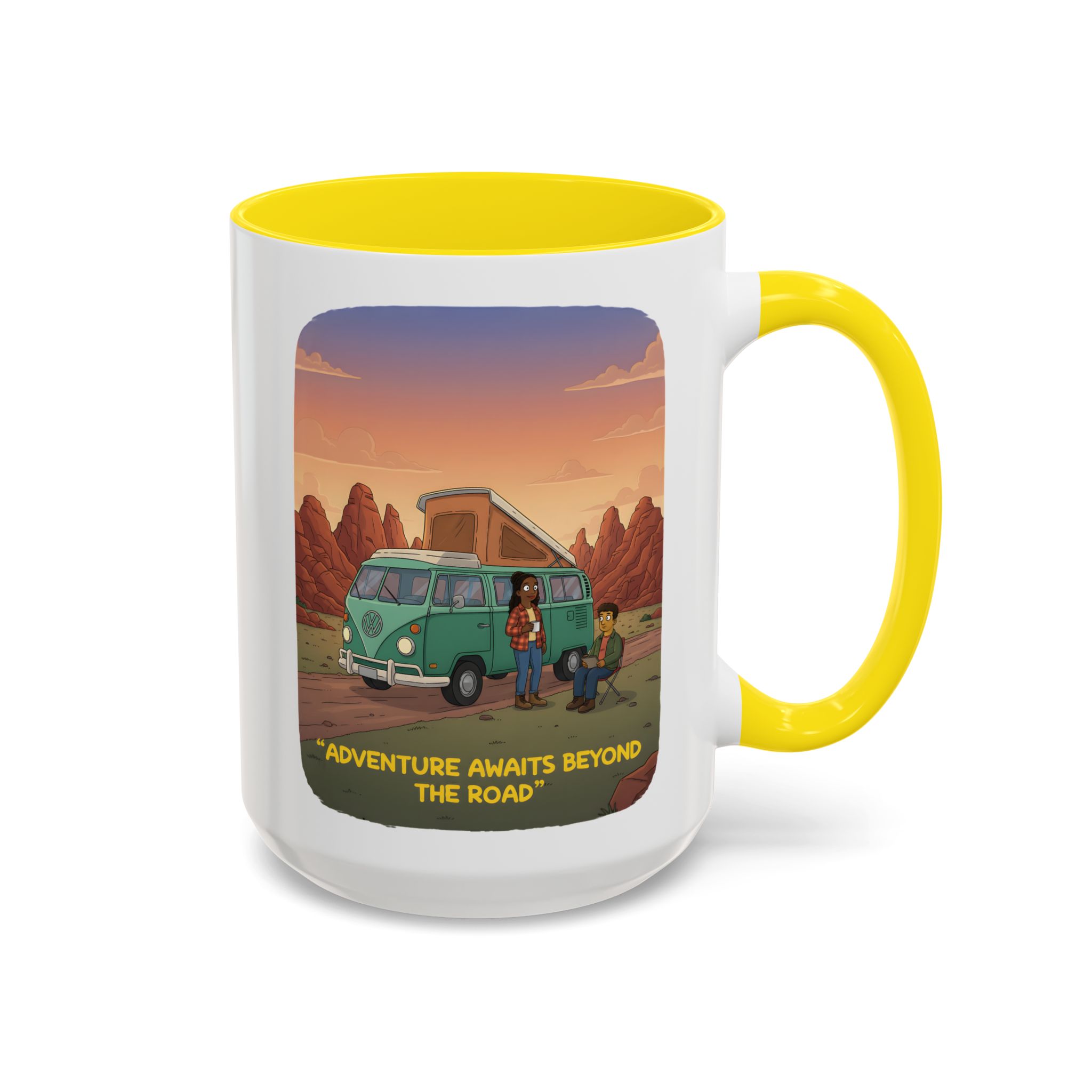 Accent Coffee Mug (11, 15oz) — "Adventure Awaits Beyond The Road" Design Sitcom-Line