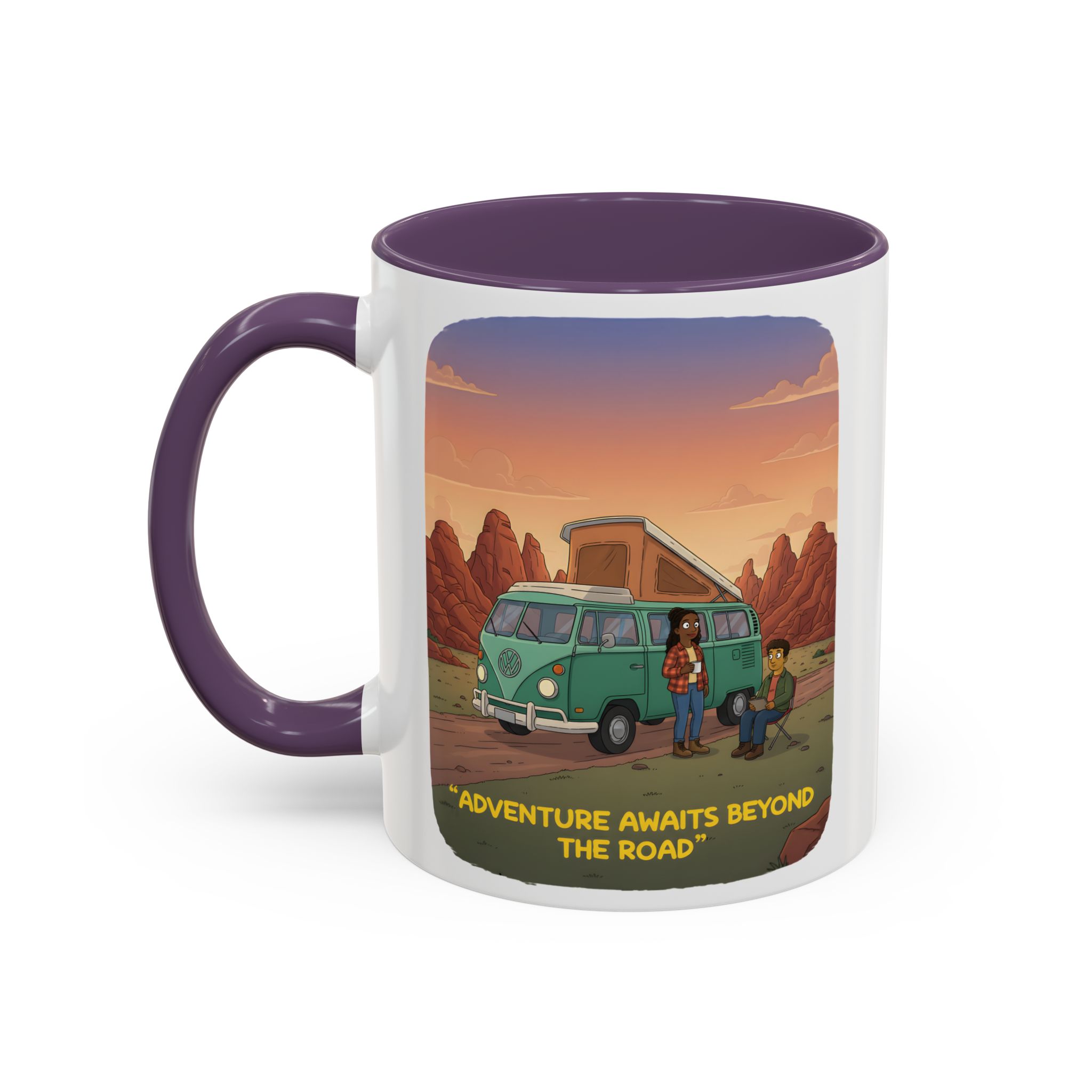 Accent Coffee Mug (11, 15oz) — "Adventure Awaits Beyond The Road" Design Sitcom-Line