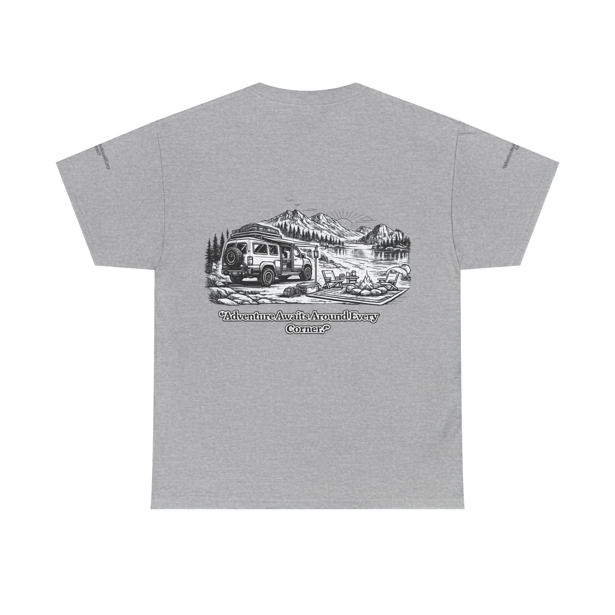Unisex Heavy Cotton Tee — "Adventure Awaits Around Every Corner" Design Minimal-Line