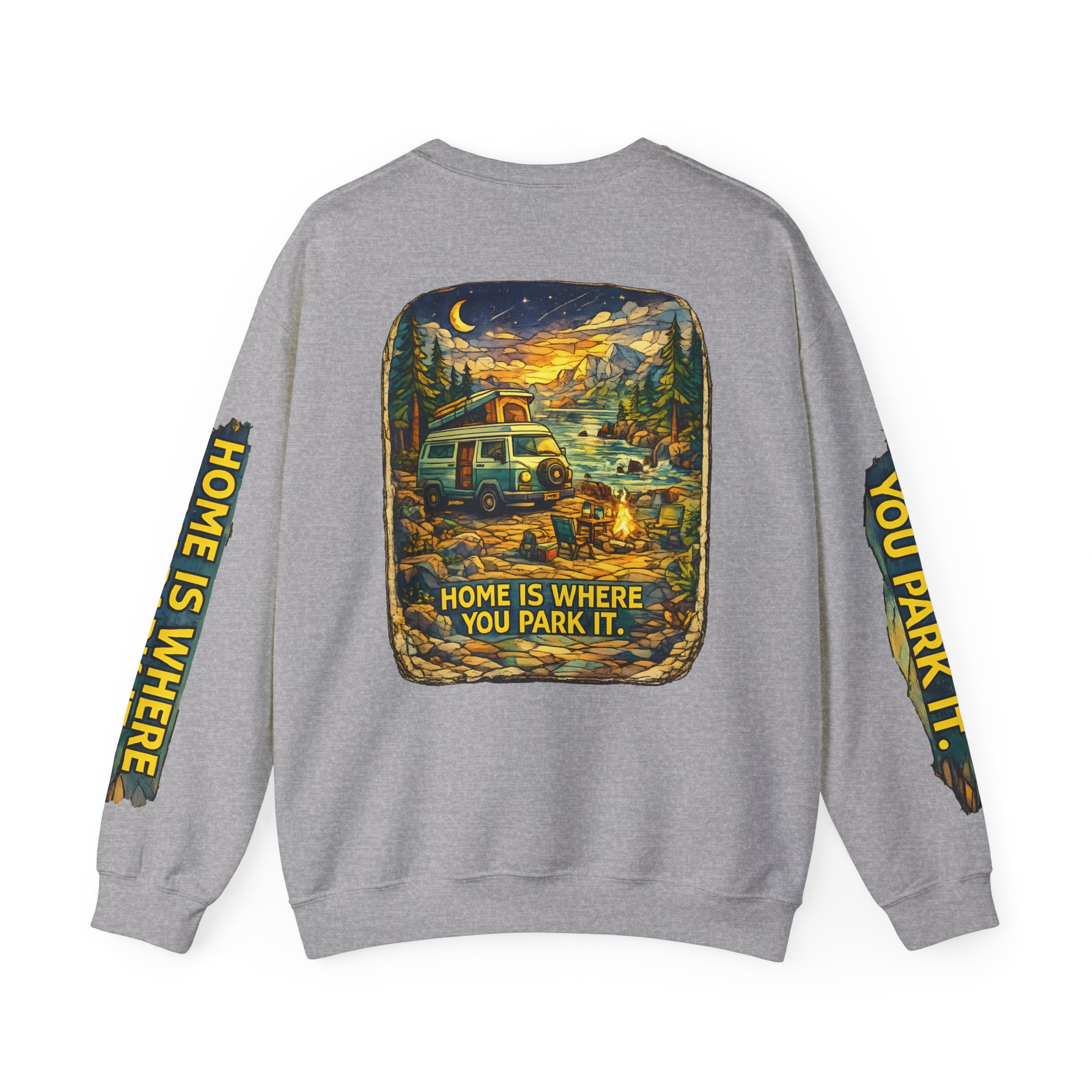 Unisex Heavy Blend™ Crewneck Sweatshirt — "Home Is Where You Park It" Design Cubic-Line