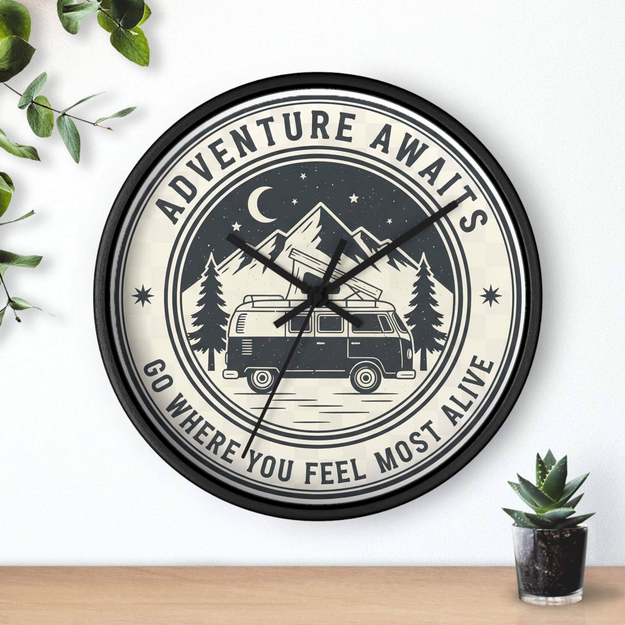 Wall Clock — "Adventure Awaits-Go Where You Feel Most Alive" Camper Van Mountain Travel Timepiece