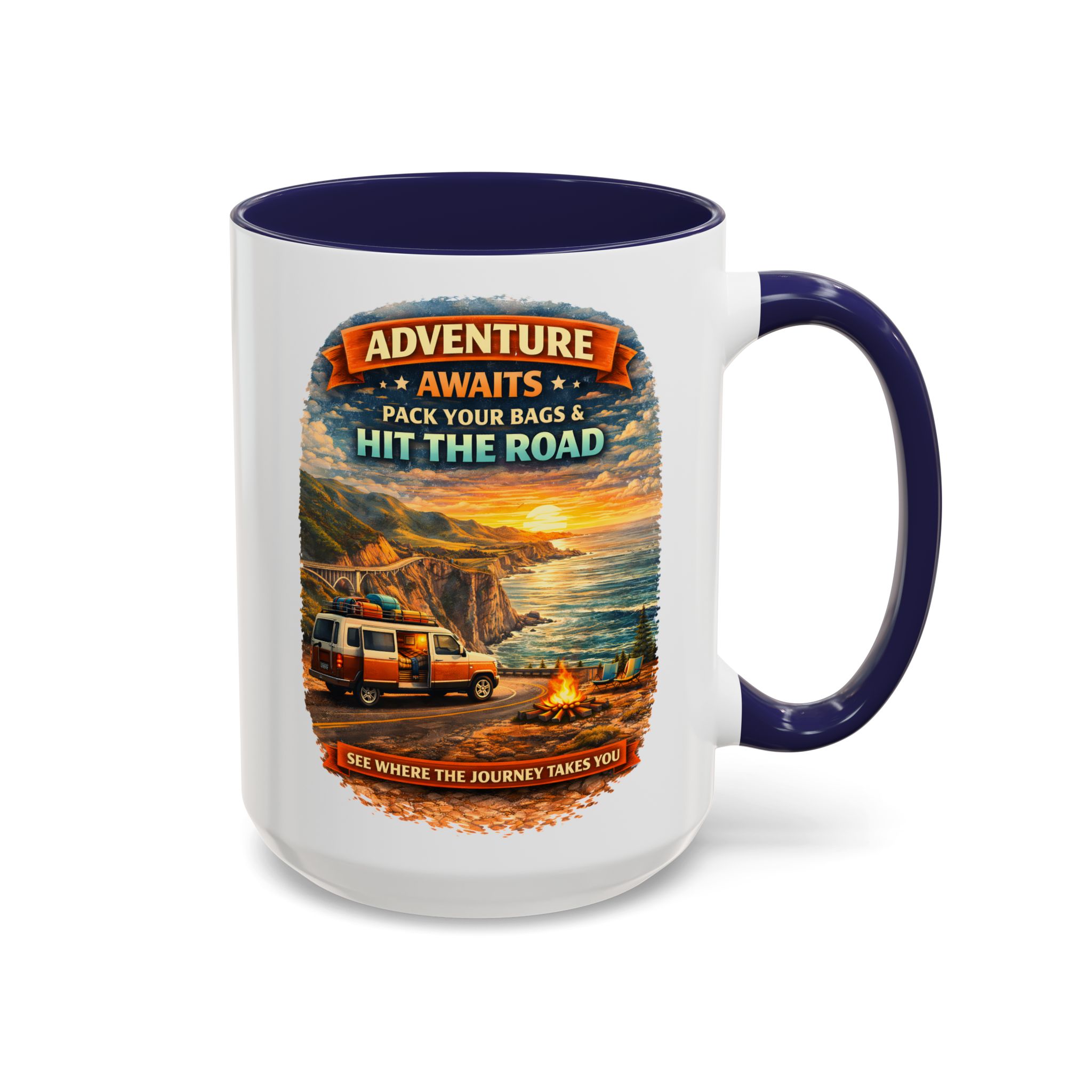 Accent Coffee Mug (11, 15oz) — "Adventure Awaits-Pack Your Bags" Design Scenic-Line