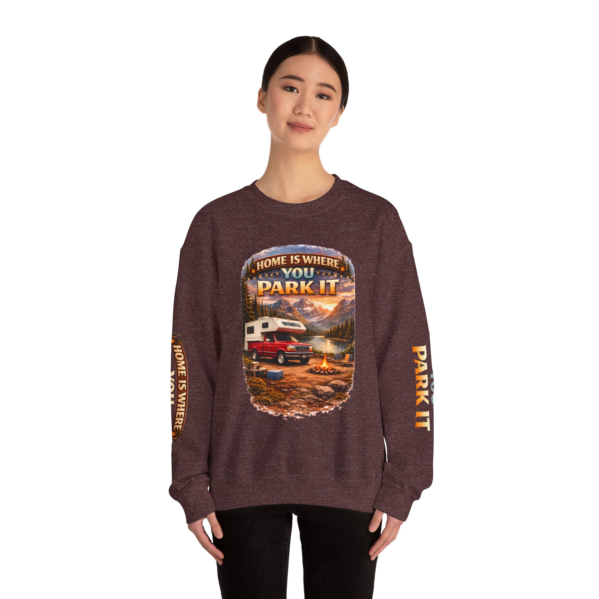 Unisex Heavy Blend™ Crewneck Sweatshirt — "Home Is Where You Park It" Design Scenic-Line