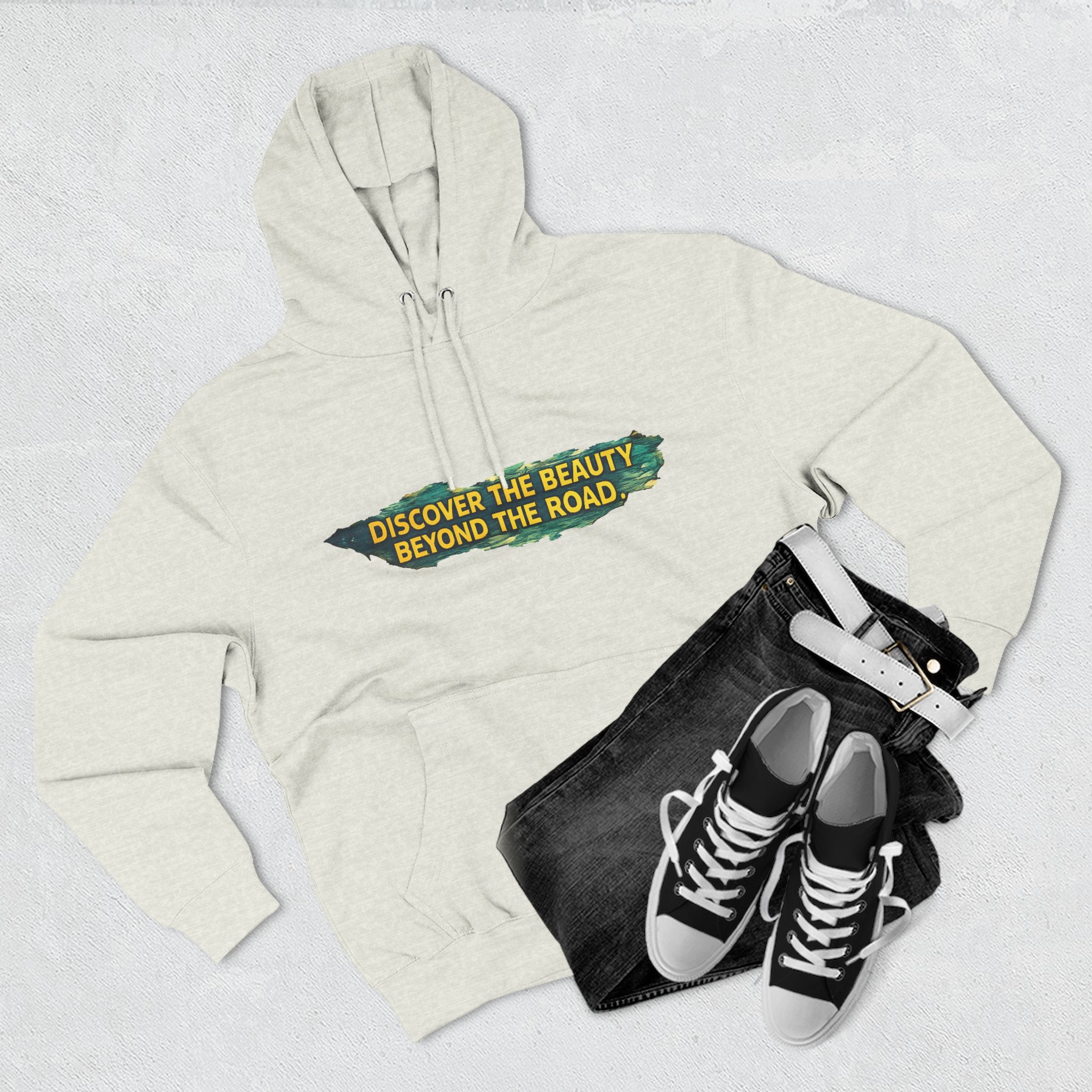 Three-Panel Fleece Hoodie - "Discover The Bieuty Beyond The Road" Design Cubic-Line