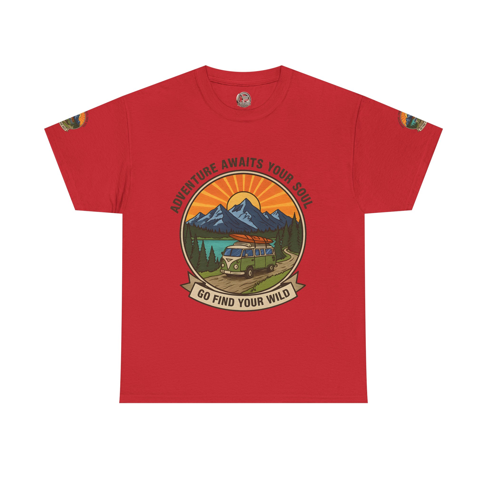 Unisex Heavy Cotton Tee — “Adventure Awaits Your Soul: Go Find Your Wild” Van & Mountain Graphic