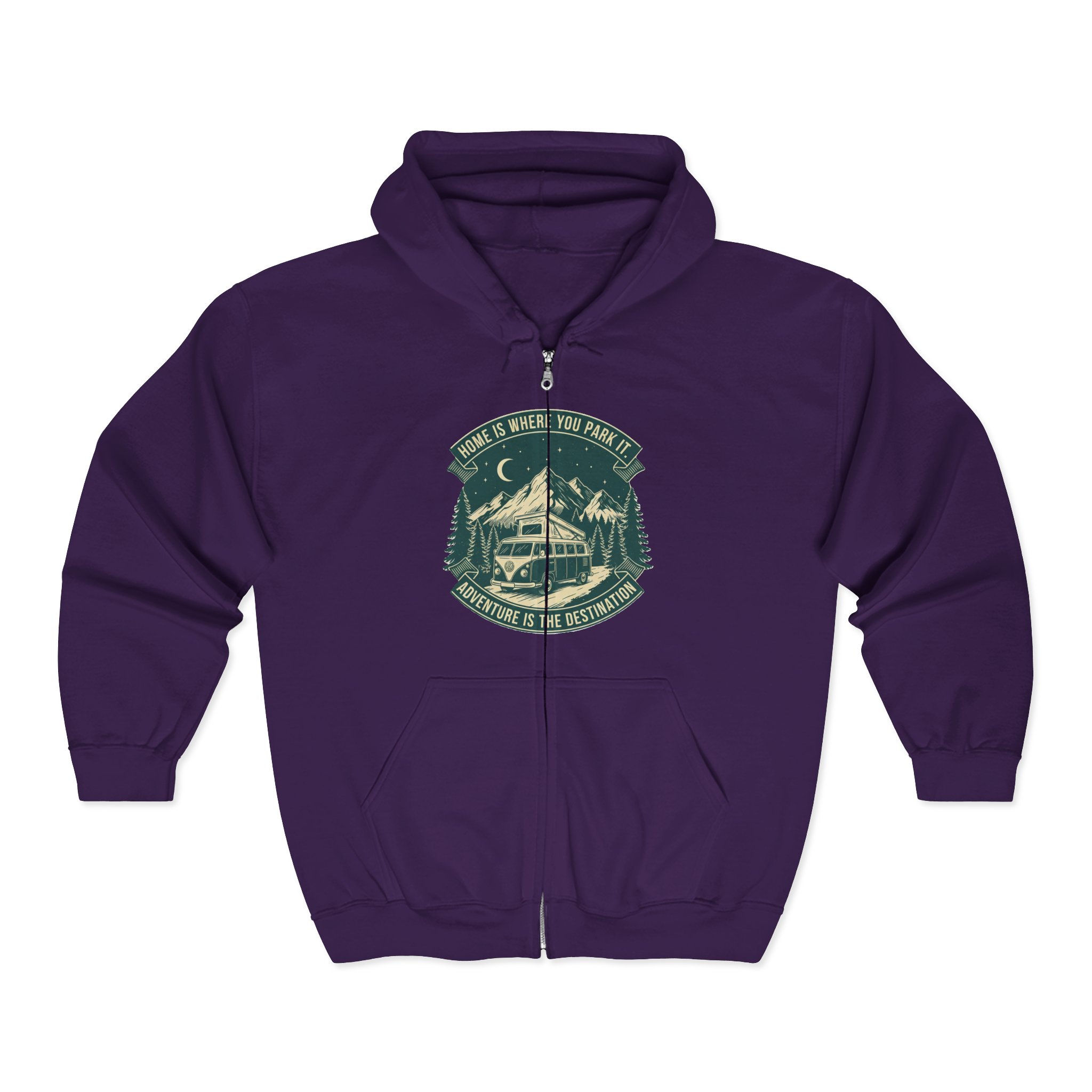 Zip Hoodie — "Home Is Where You Park It-Adventure is the destination"(Only Front Printed) Camper Van Adventure Zip-Up