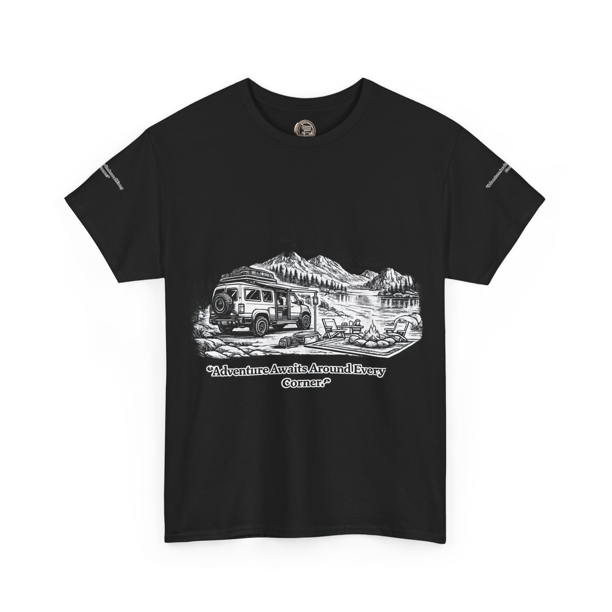 Unisex Heavy Cotton Tee — "Adventure Awaits Around Every Corner" Design Minimal-Line