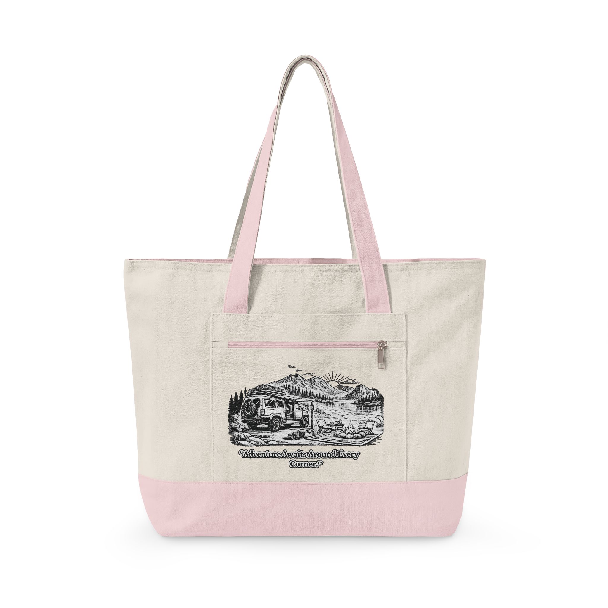 Zippered Canvas Tote — "Adventure Awaits Around Every Corner" (Design Minimal-Line)