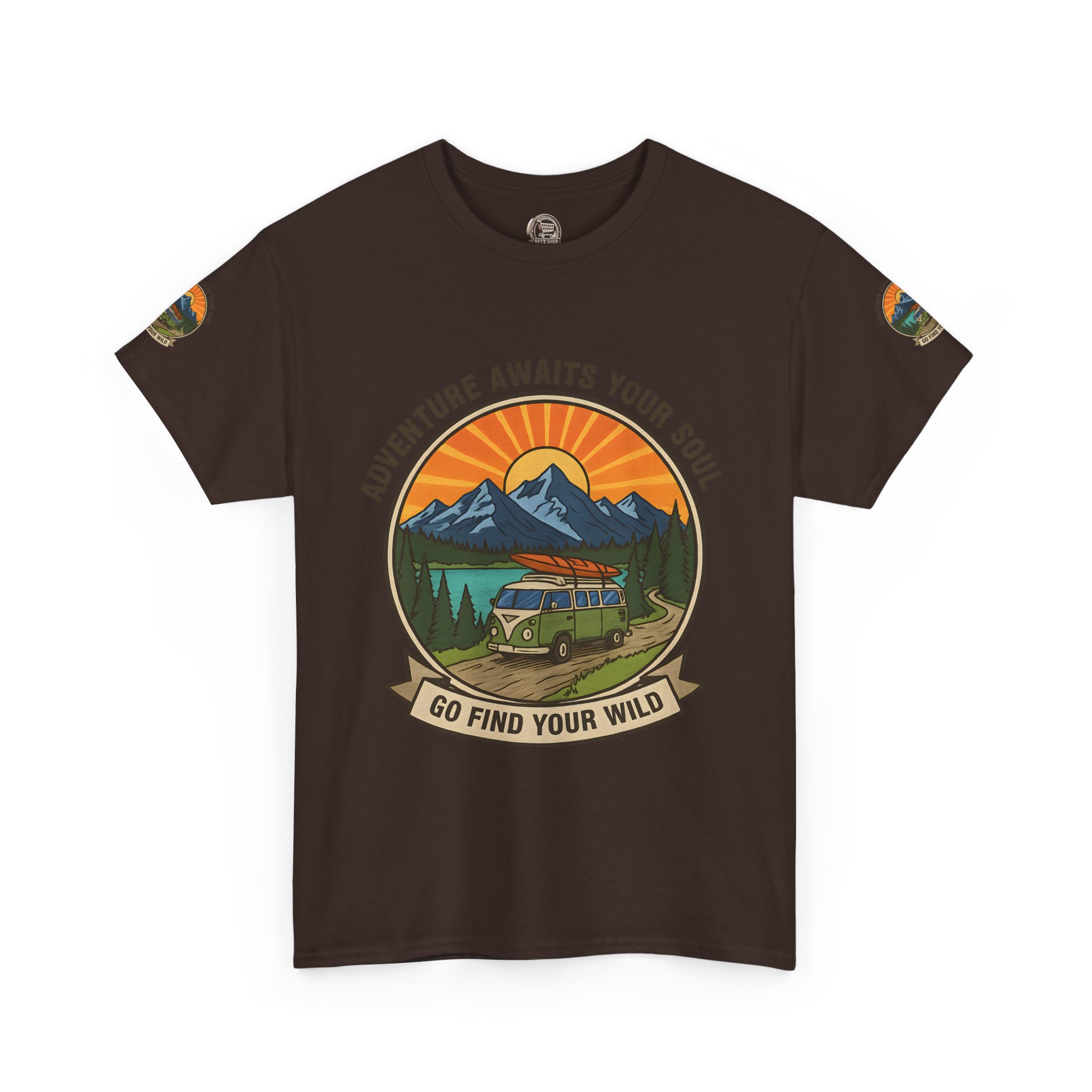 Unisex Heavy Cotton Tee — “Adventure Awaits Your Soul: Go Find Your Wild” Van & Mountain Graphic